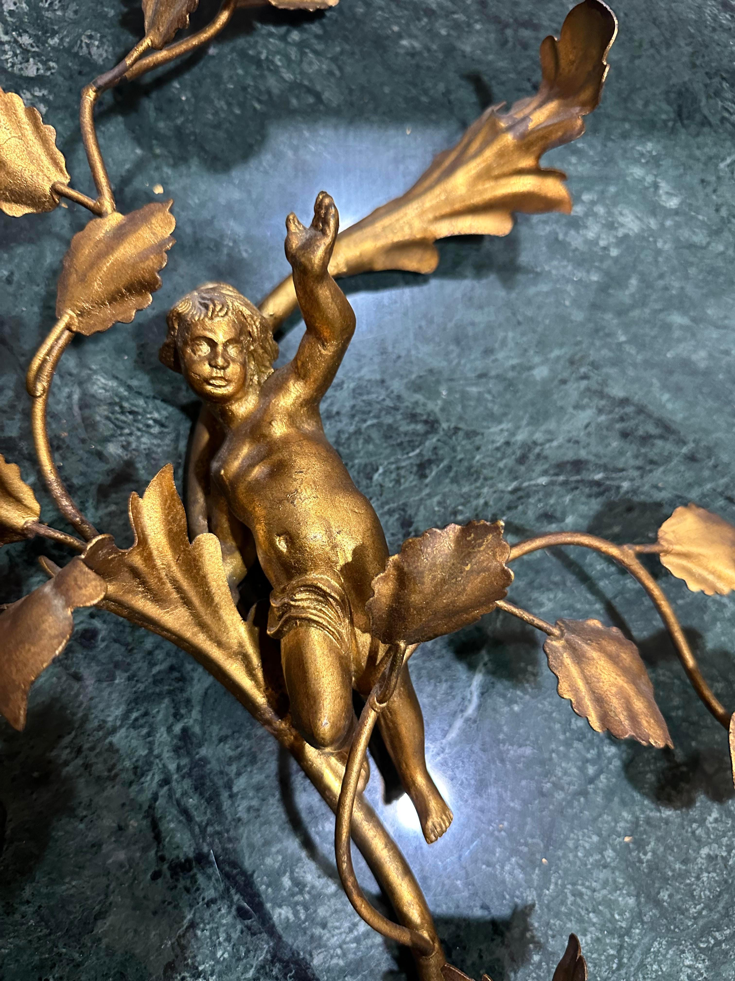 Metal Gorgeous Gilded Italian Cherub Putti Single Candle Neoclassical Revival Sconces