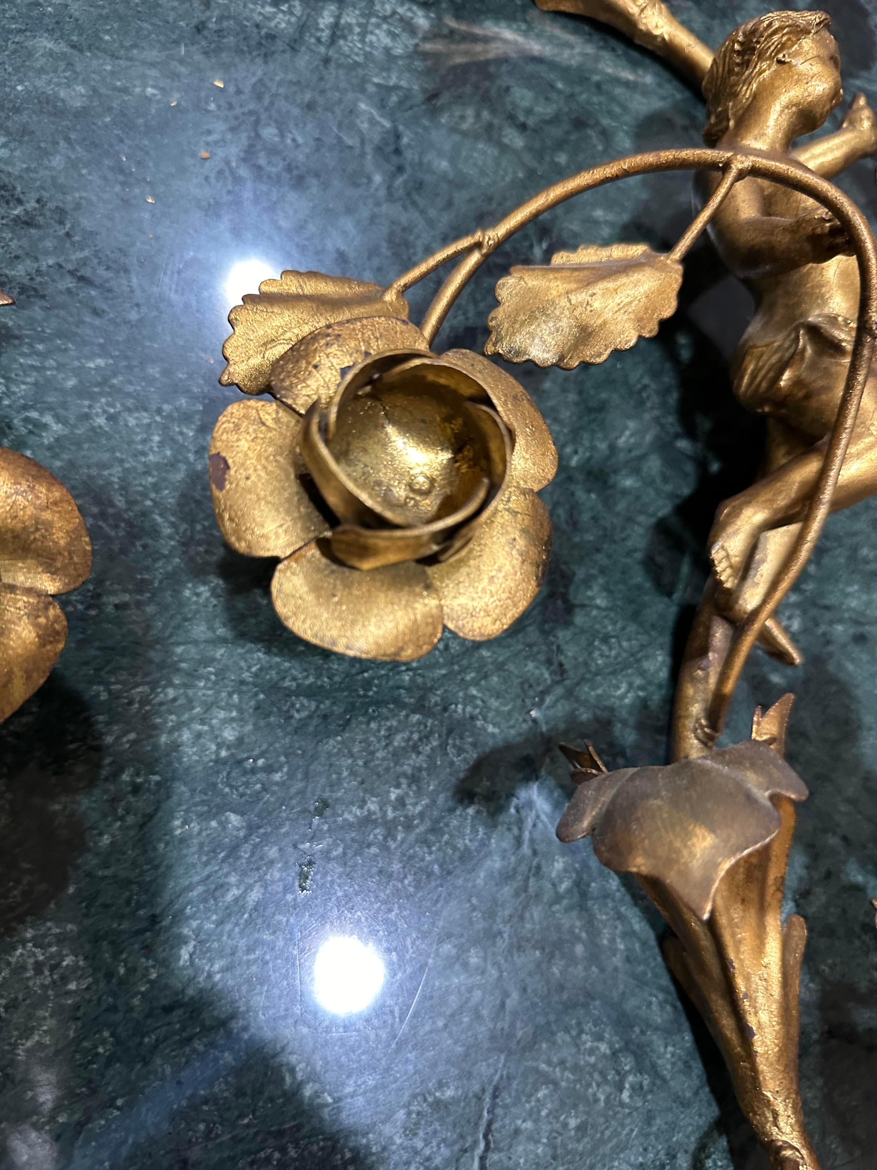 Gorgeous Gilded Italian Cherub Putti Single Candle Neoclassical Revival Sconces 3