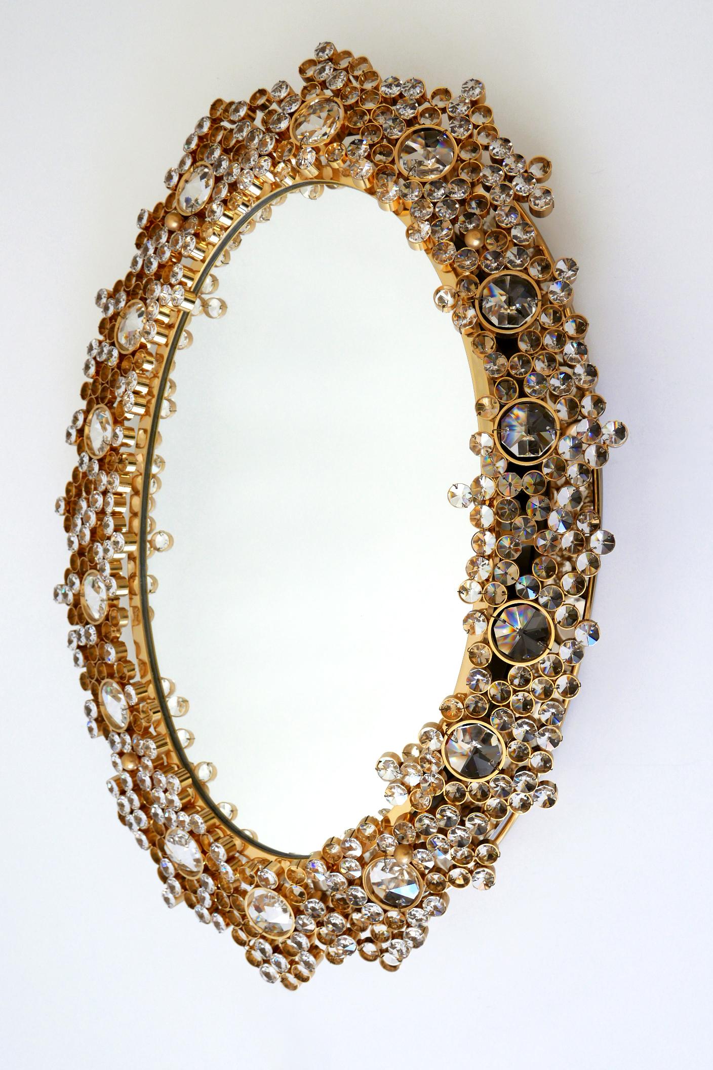 Mid-Century Modern Gorgeous Gilt Brass & Crystal Glass Backlit Wall Mirror by Palwa, Germany, 1970s For Sale