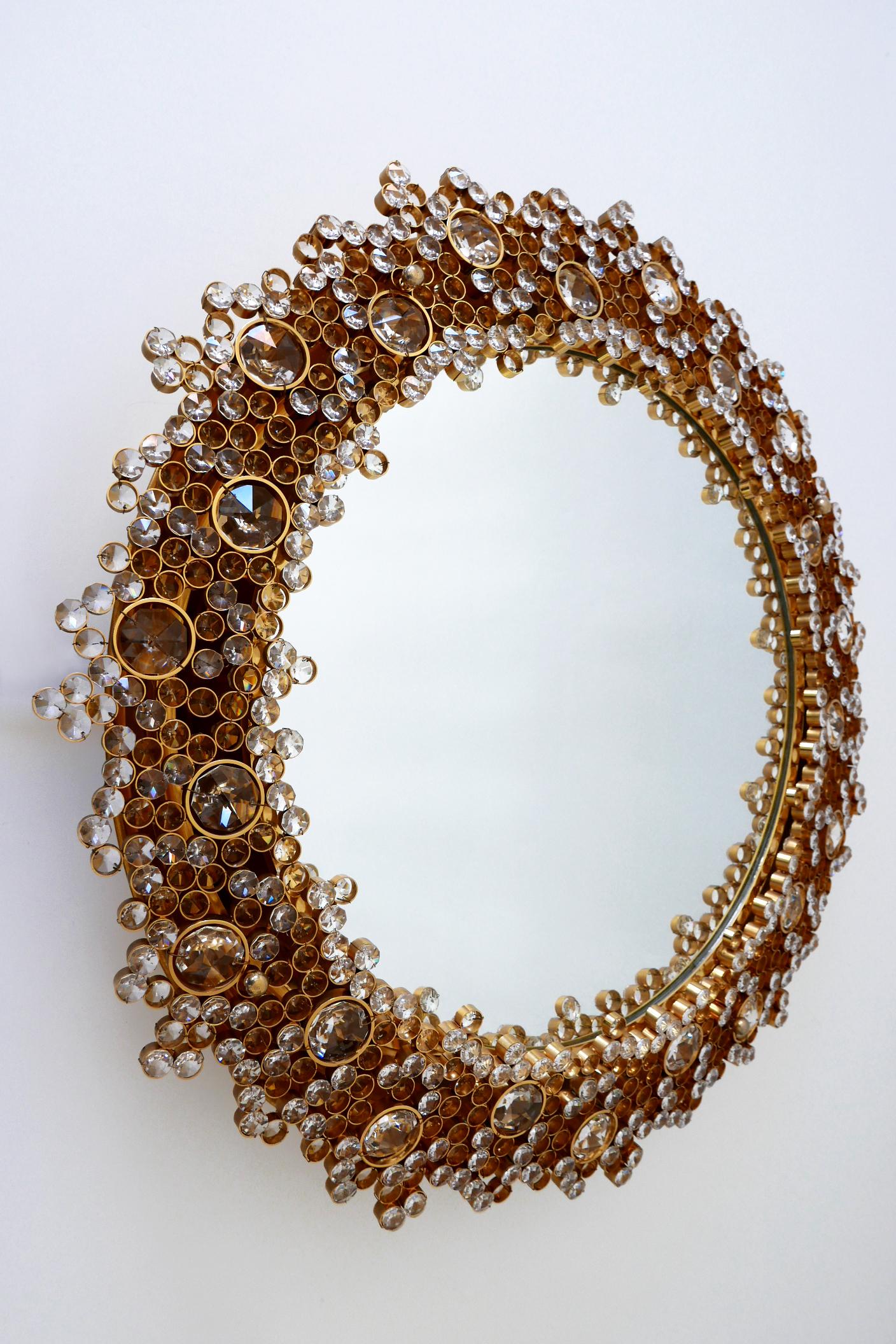 Faceted Gorgeous Gilt Brass & Crystal Glass Backlit Wall Mirror by Palwa, Germany, 1970s For Sale