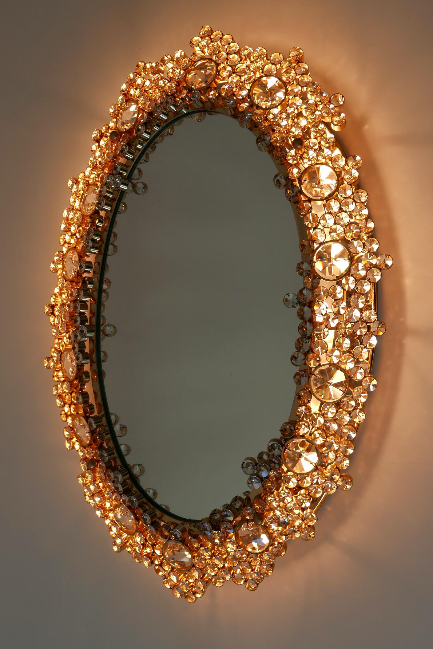 Faceted Gorgeous Gilt Brass & Crystal Glass Backlit Wall Mirror by Palwa, Germany, 1970s For Sale