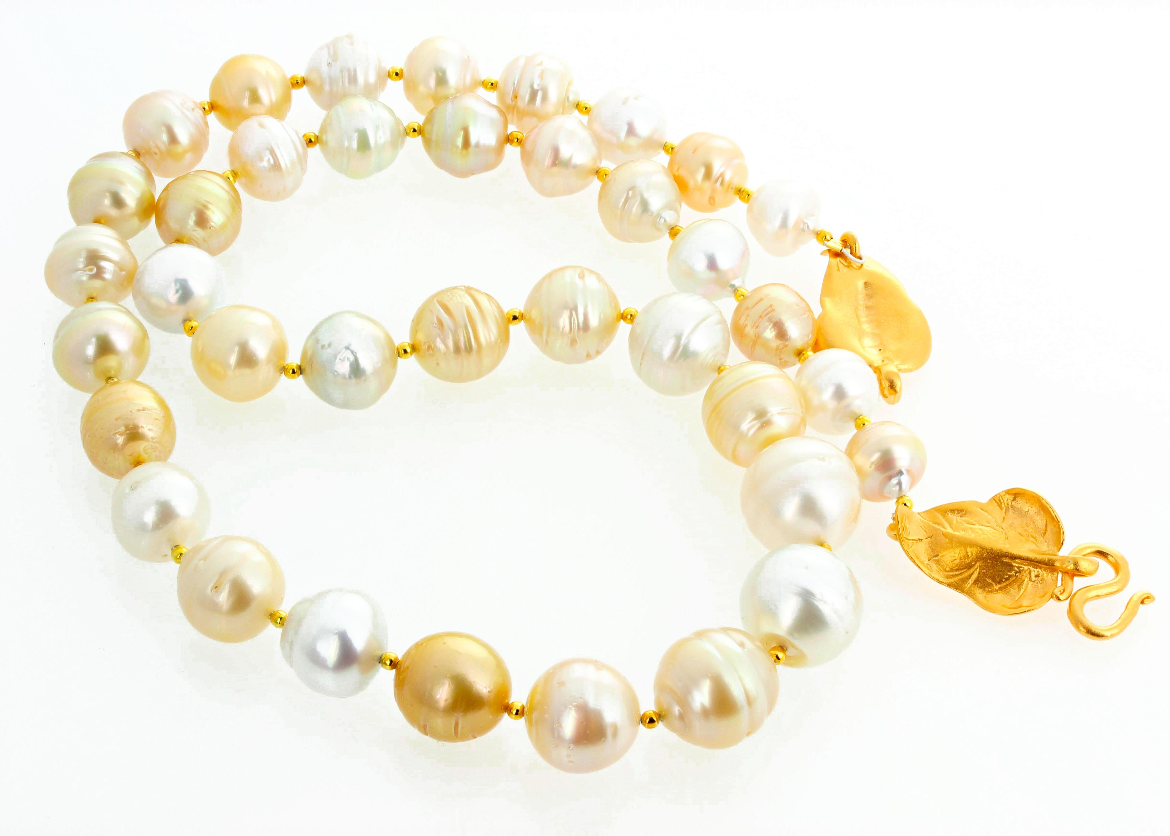Mixed Cut AJD South Sea Shimmering Elegant Real Cultured Pearls w/ Vermeil Gold Clasp For Sale