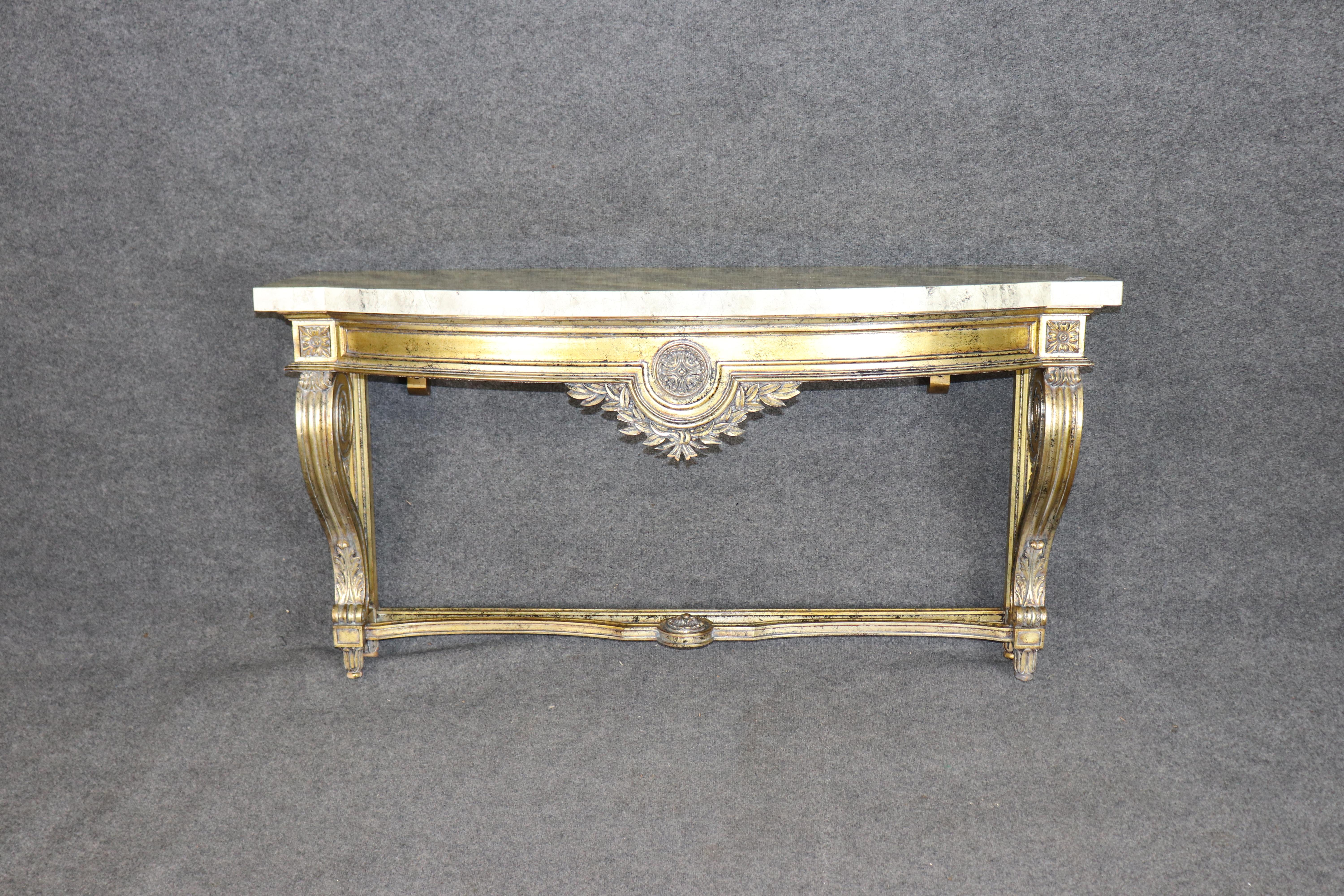 Gorgeous Gold Leaf Wall Mounted Faux Marble French Louis XVI Console Table In Good Condition For Sale In Swedesboro, NJ