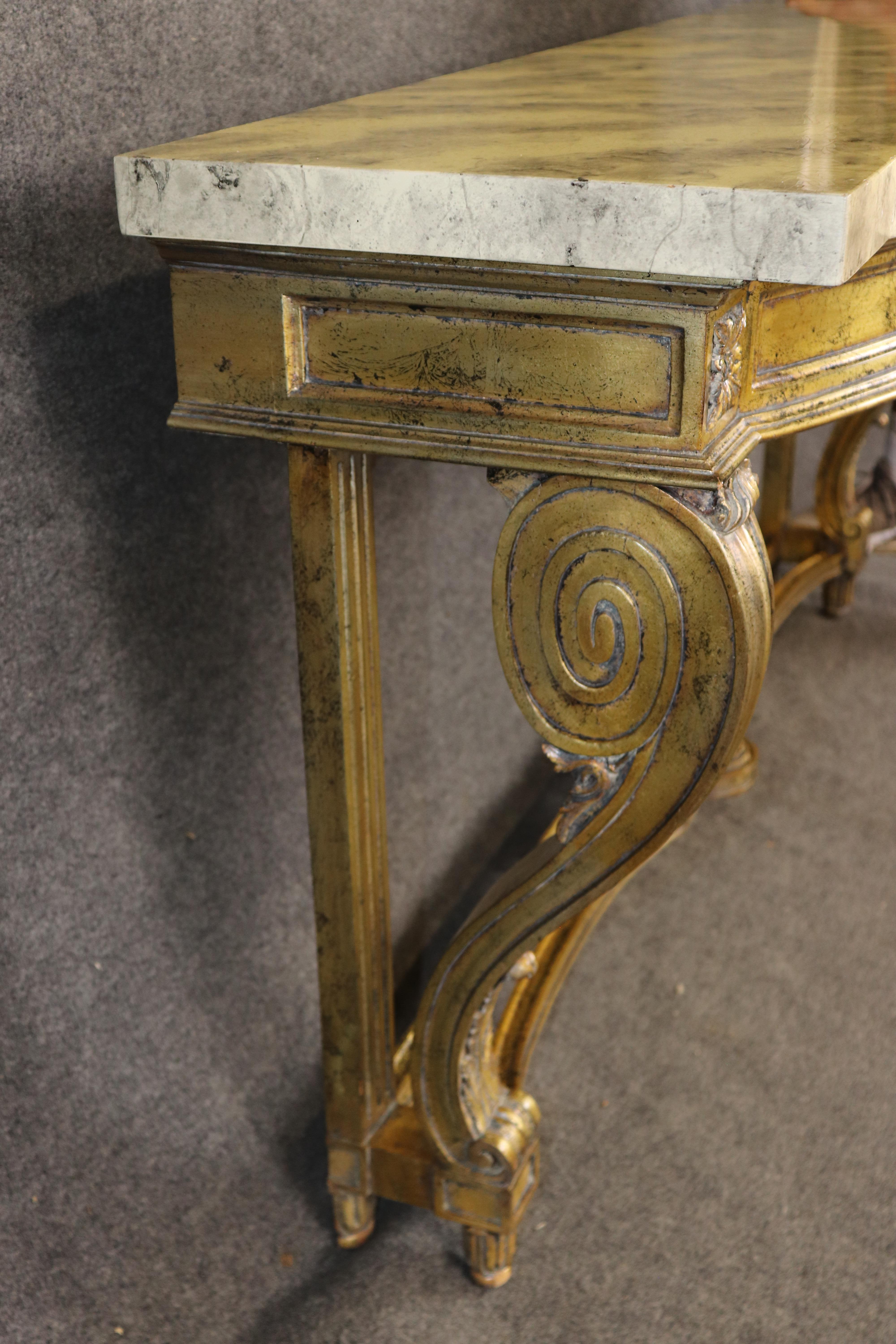 Mid-20th Century Gorgeous Gold Leaf Wall Mounted Faux Marble French Louis XVI Console Table For Sale