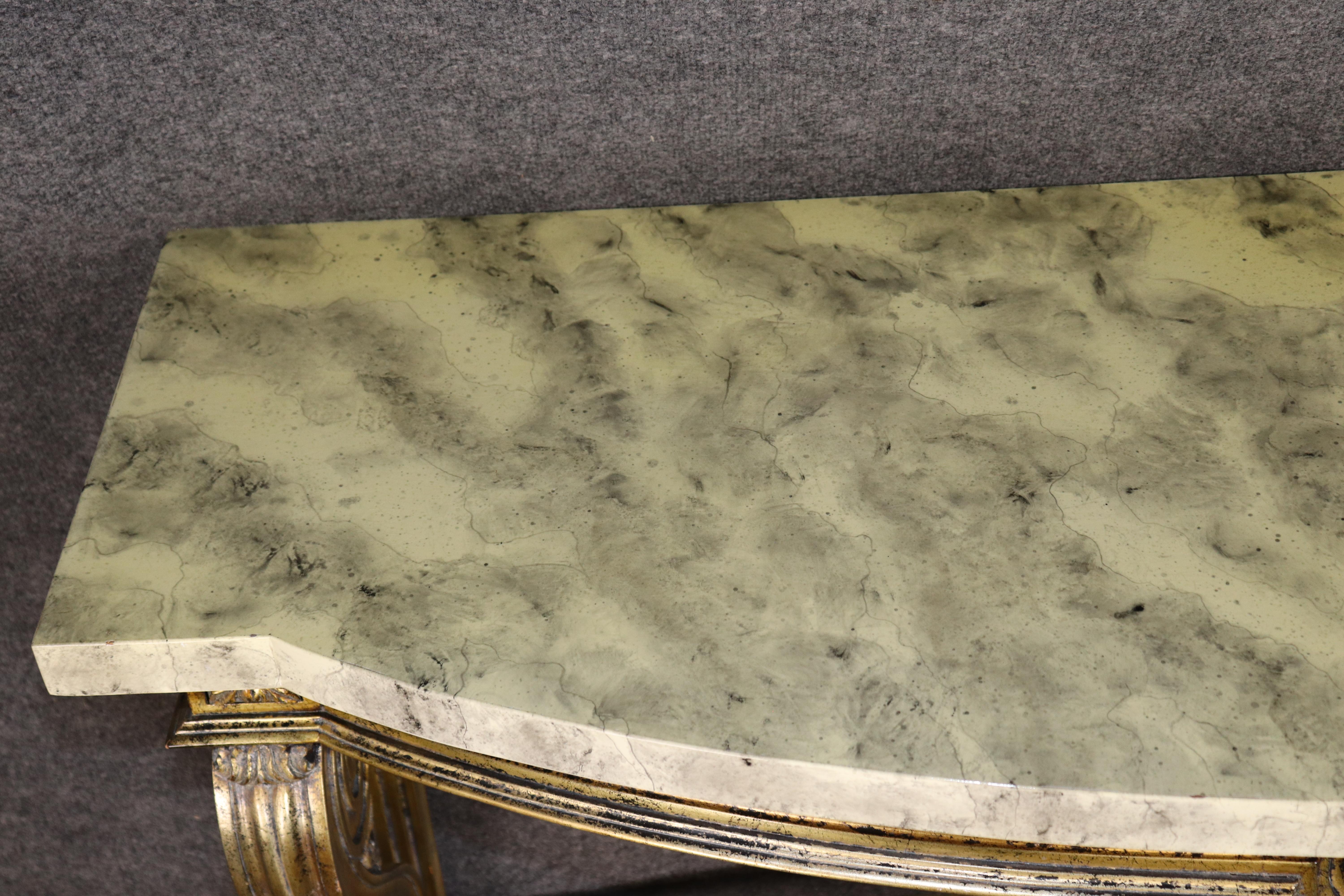 Walnut Gorgeous Gold Leaf Wall Mounted Faux Marble French Louis XVI Console Table For Sale