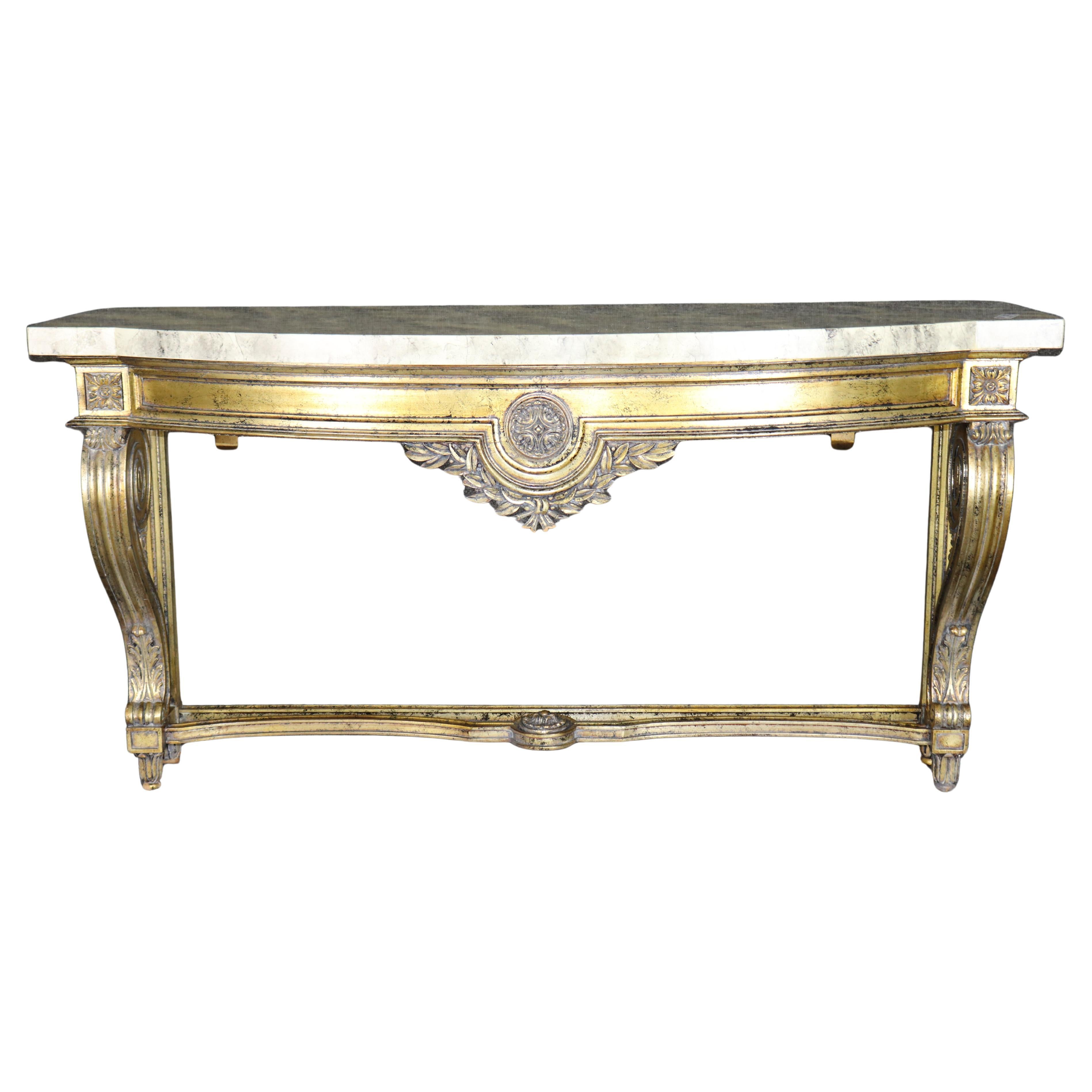 Gorgeous Gold Leaf Wall Mounted Faux Marble French Louis XVI Console Table For Sale