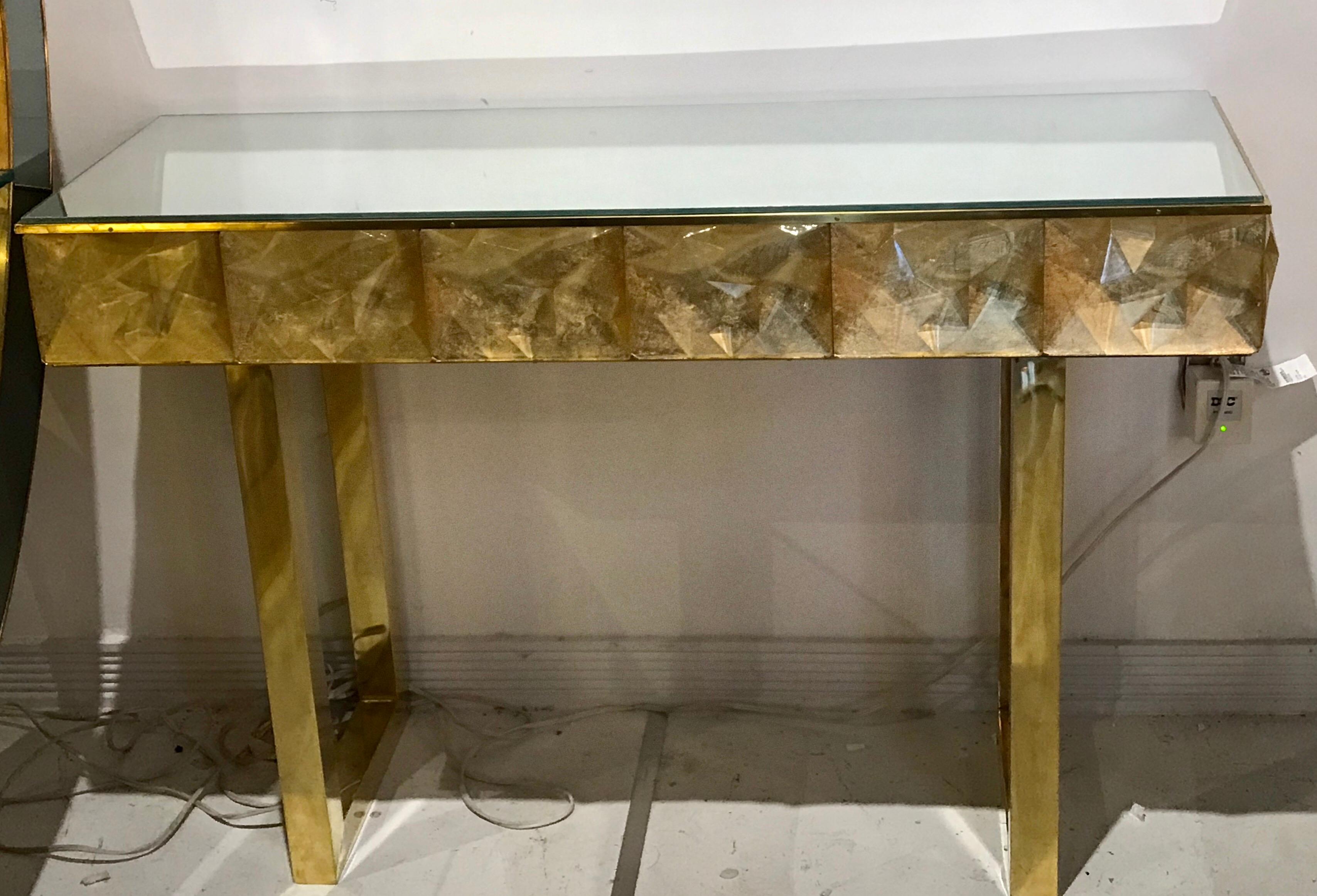 Sublime Murano diamond faceted vintage golden glass and brass artisanal console/vanity with mirror tabletop, Italy.

