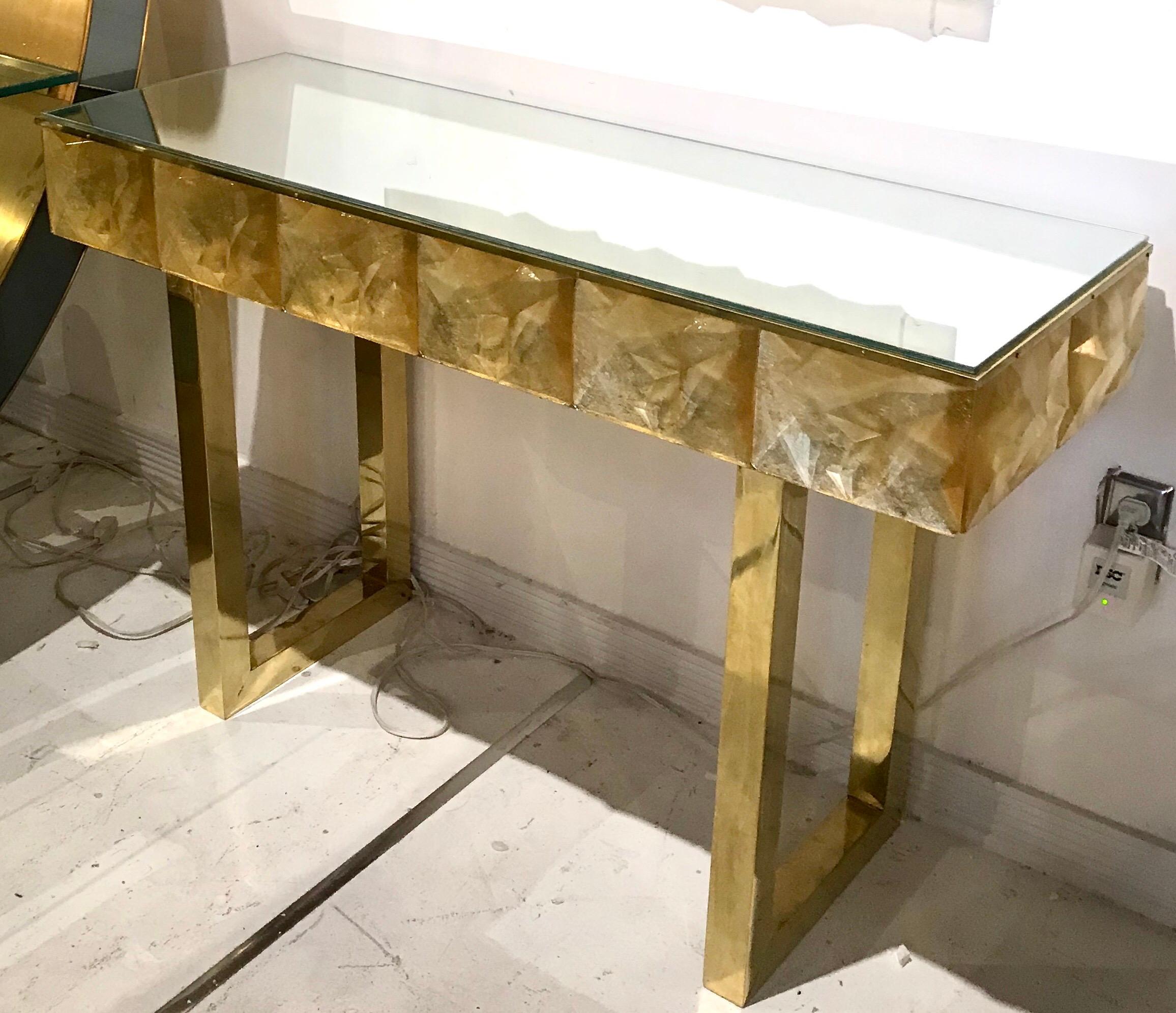 Mid-Century Modern Gorgeous Golden Multi-Faceted Murano Glass and Brass Console Table, Italy