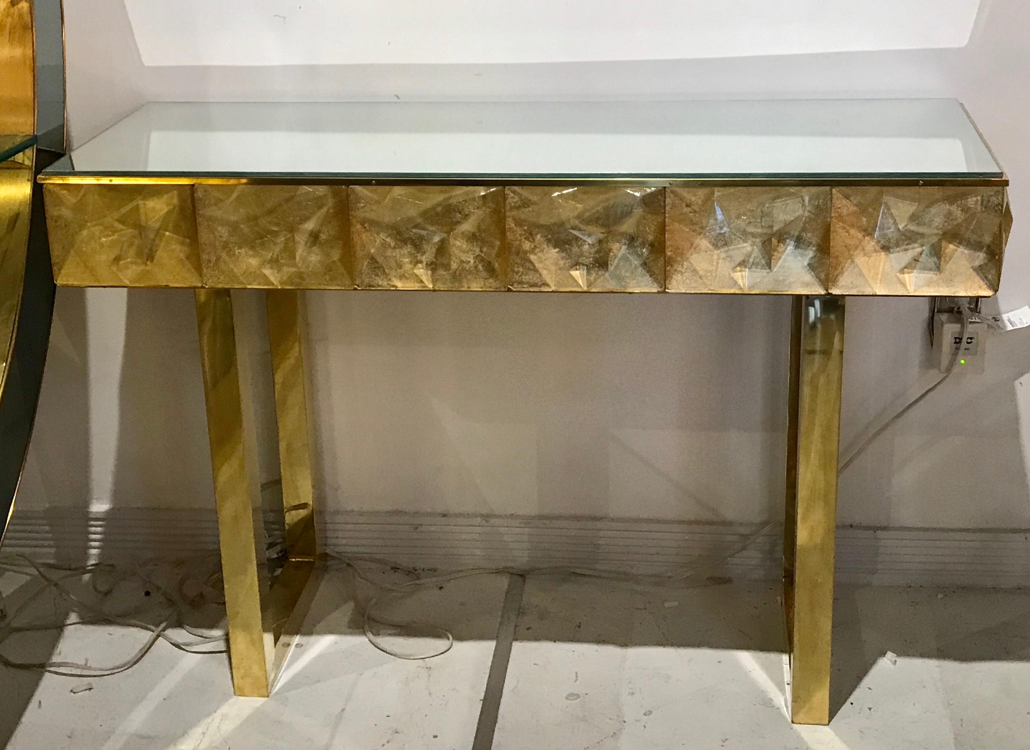 Italian Gorgeous Golden Multi-Faceted Murano Glass and Brass Console Table, Italy