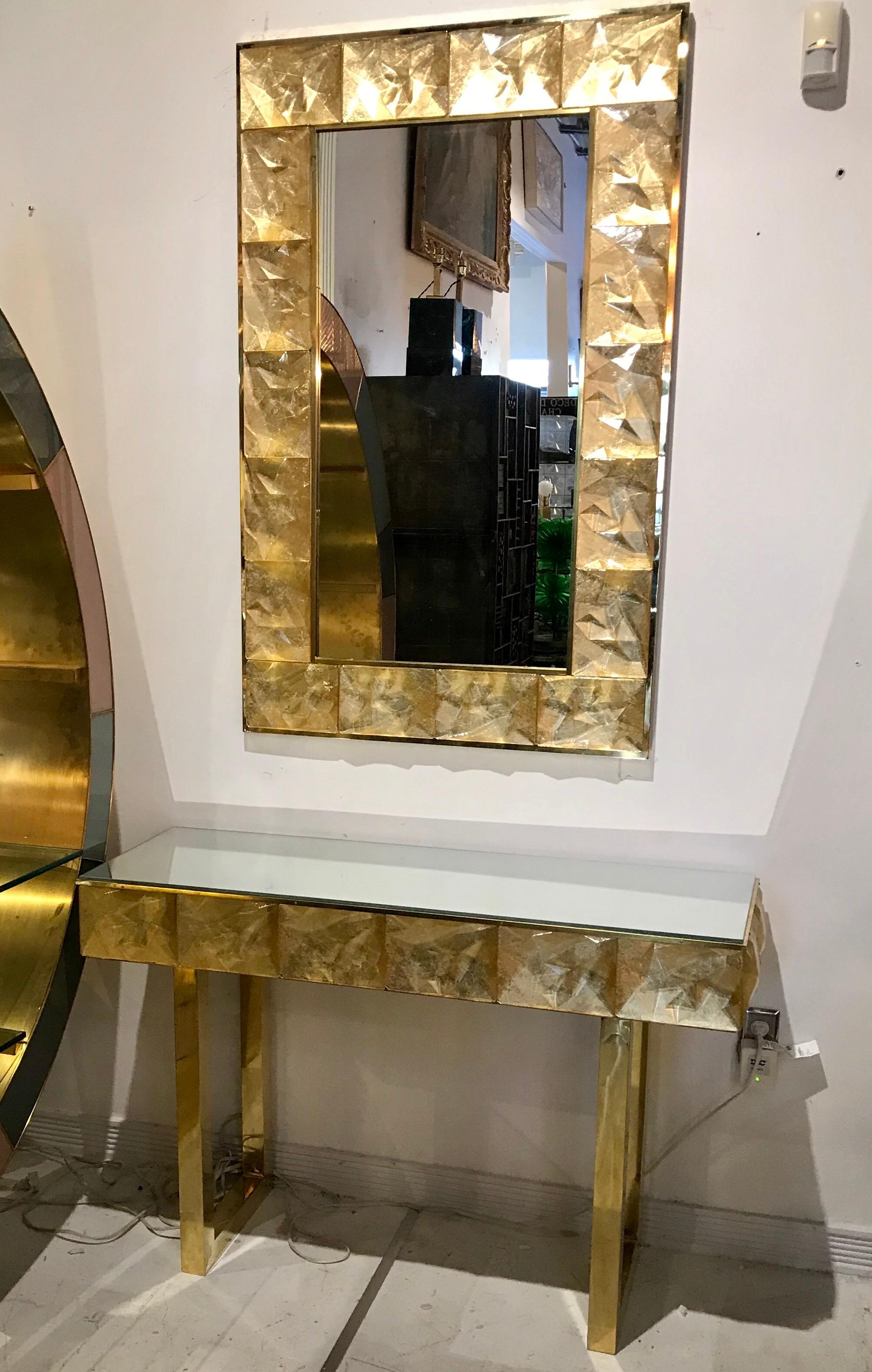 Gorgeous Golden Multi-Faceted Murano Glass and Brass Console Table, Italy In Good Condition In Miami, FL