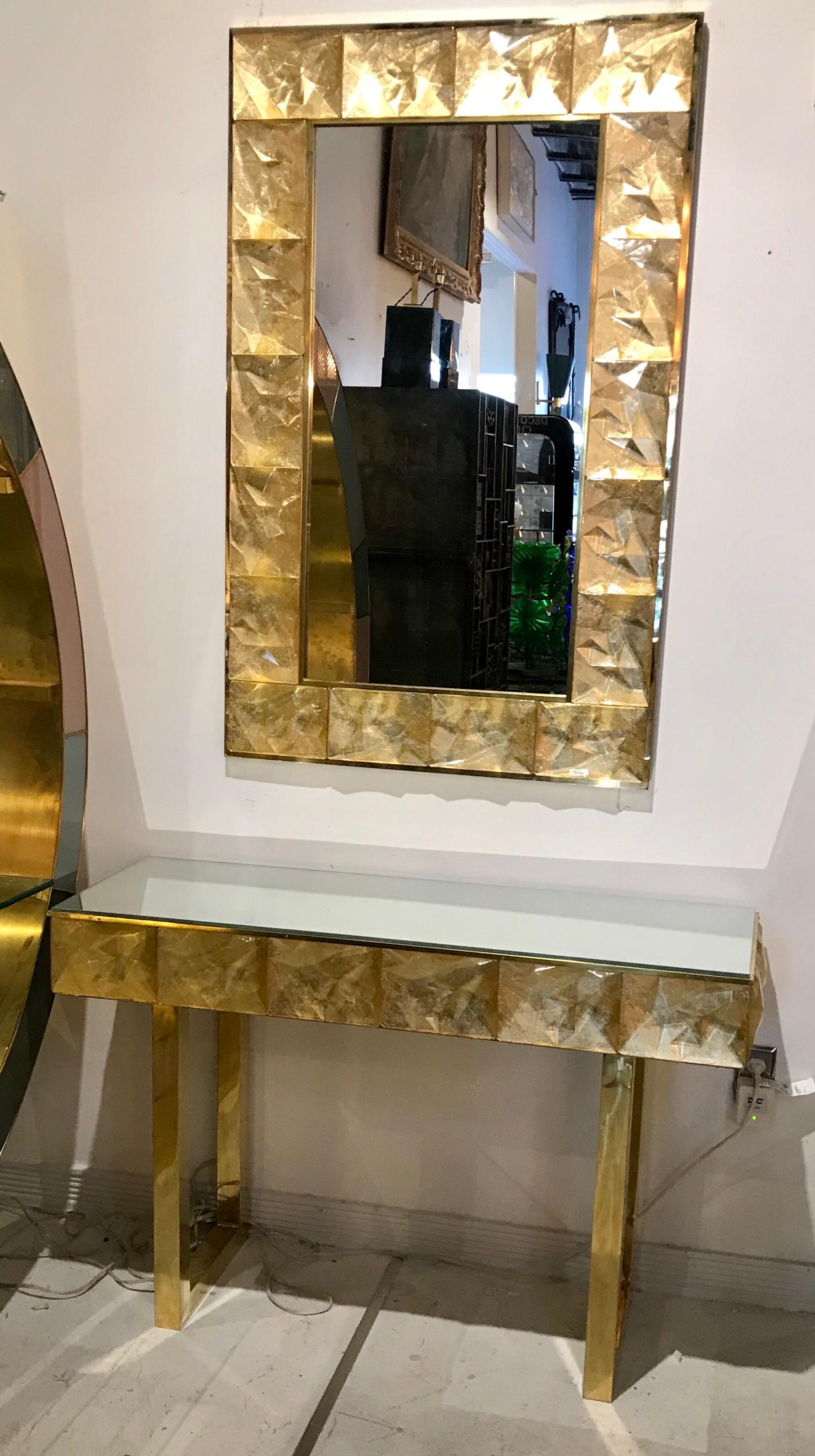 Gorgeous Golden Multi-Faceted Murano Glass and Brass Console Table, Italy 2