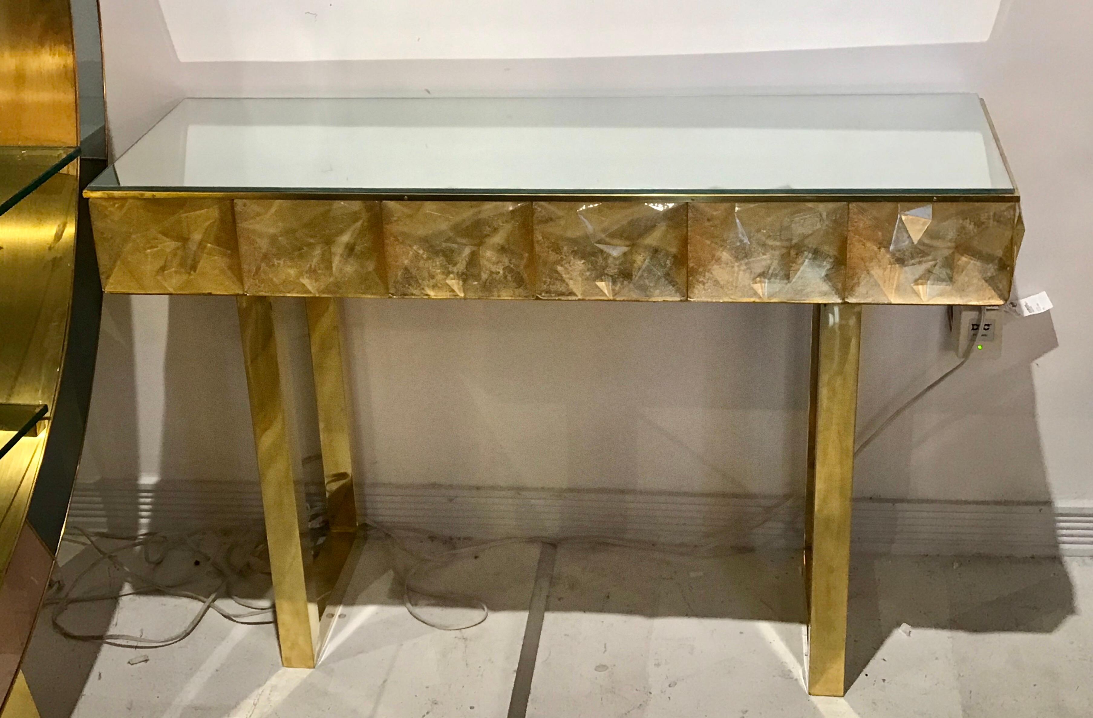 Gorgeous Golden Multi-Faceted Murano Glass and Brass Console Table, Italy 3