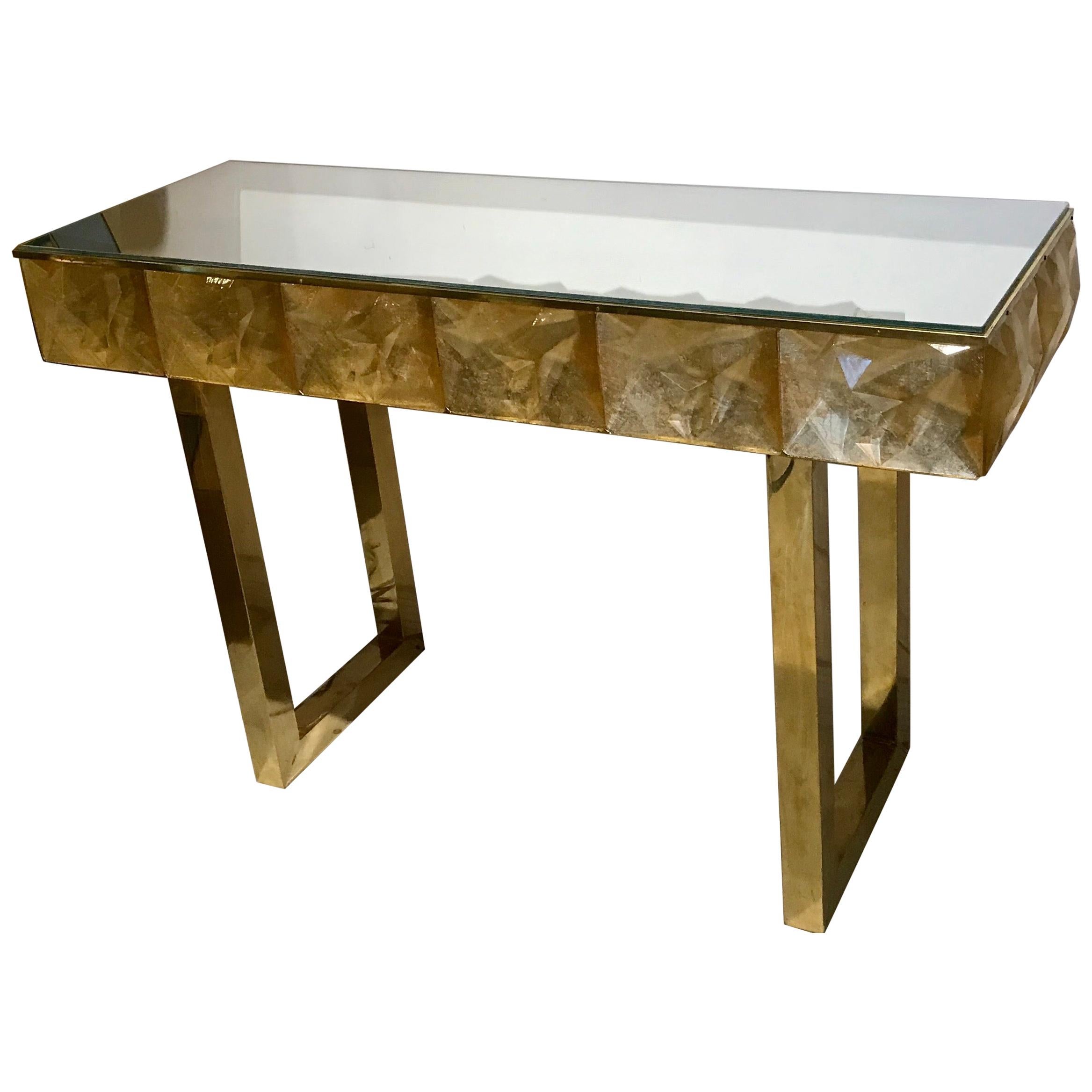 Gorgeous Golden Multi-Faceted Murano Glass and Brass Console Table, Italy