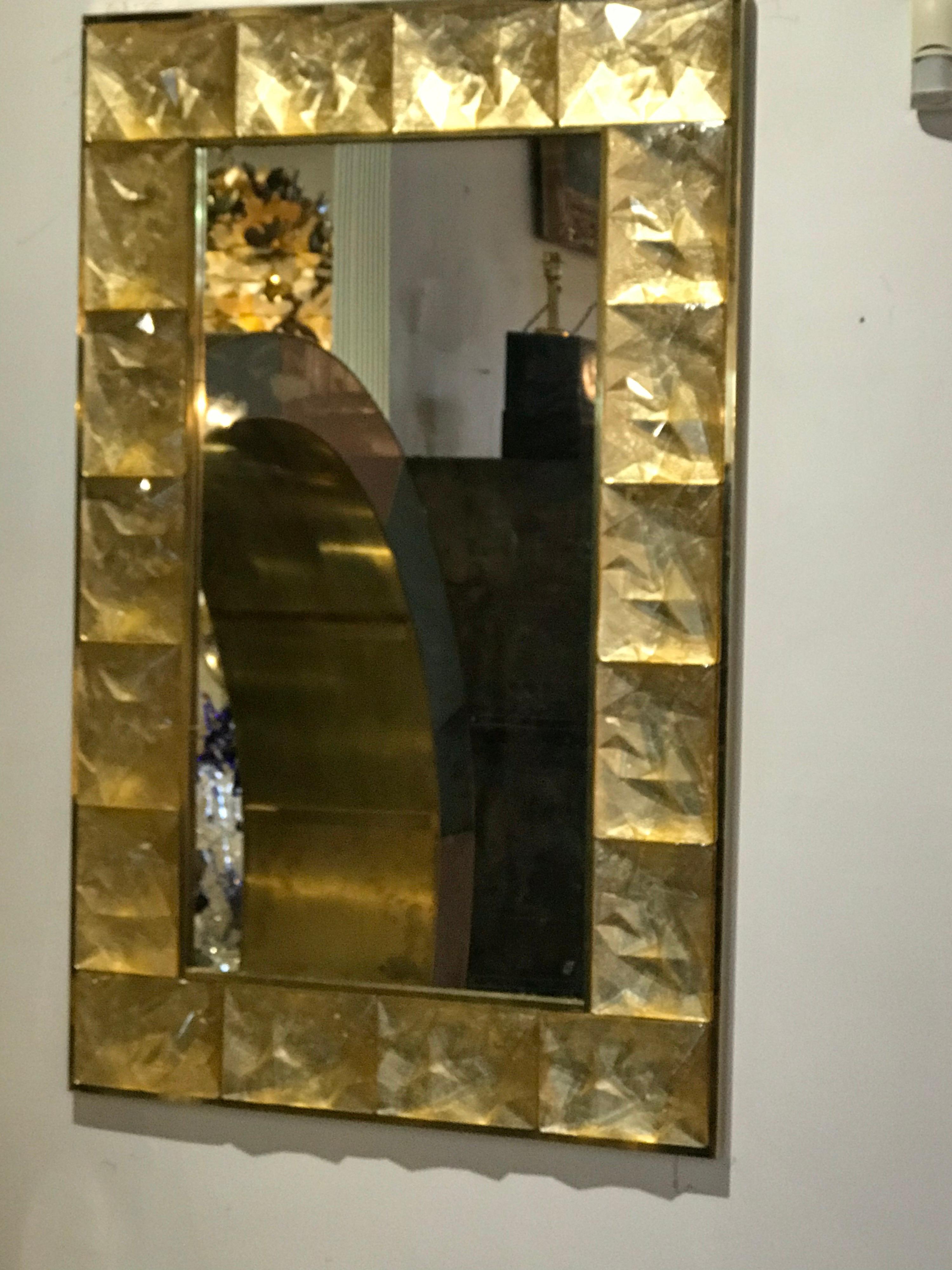 Italian Gorgeous Golden Murano Glass and Brass Mirror, Italy