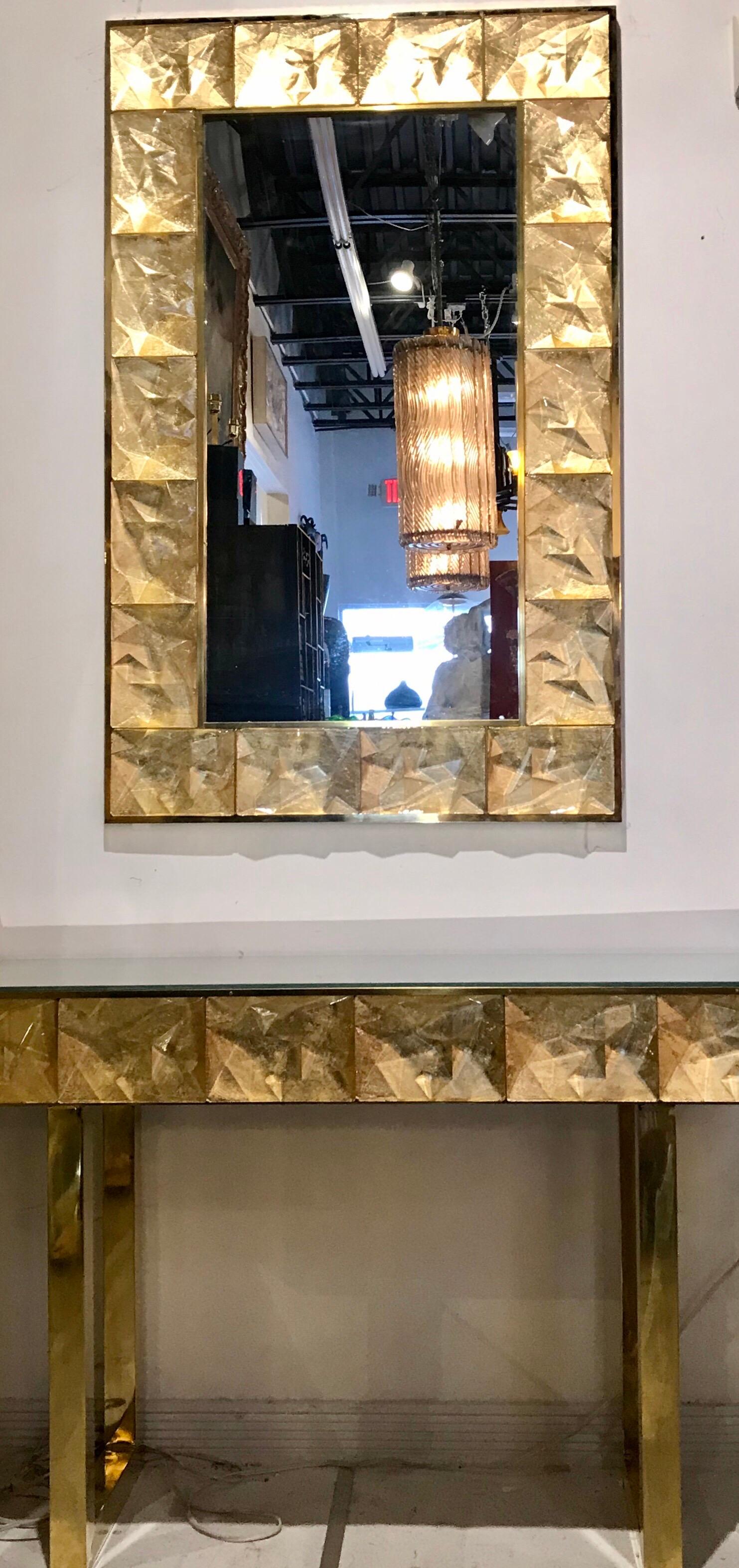 Gorgeous Golden Murano Glass and Brass Mirror, Italy In Good Condition In Miami, FL