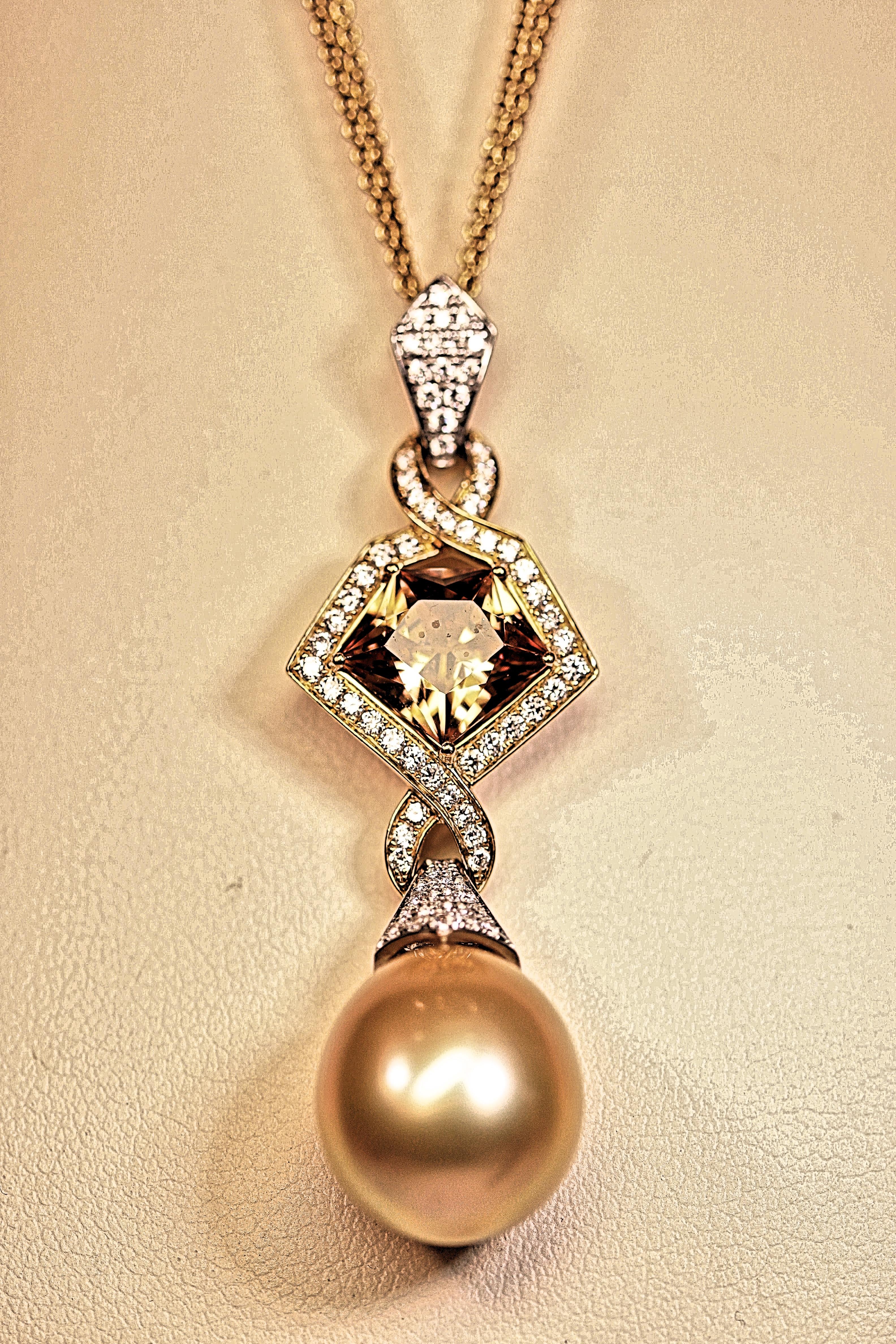 Contemporary  South Sea Pearl Diamonds and Fancy Cut Golden Zircon Pendant For Sale