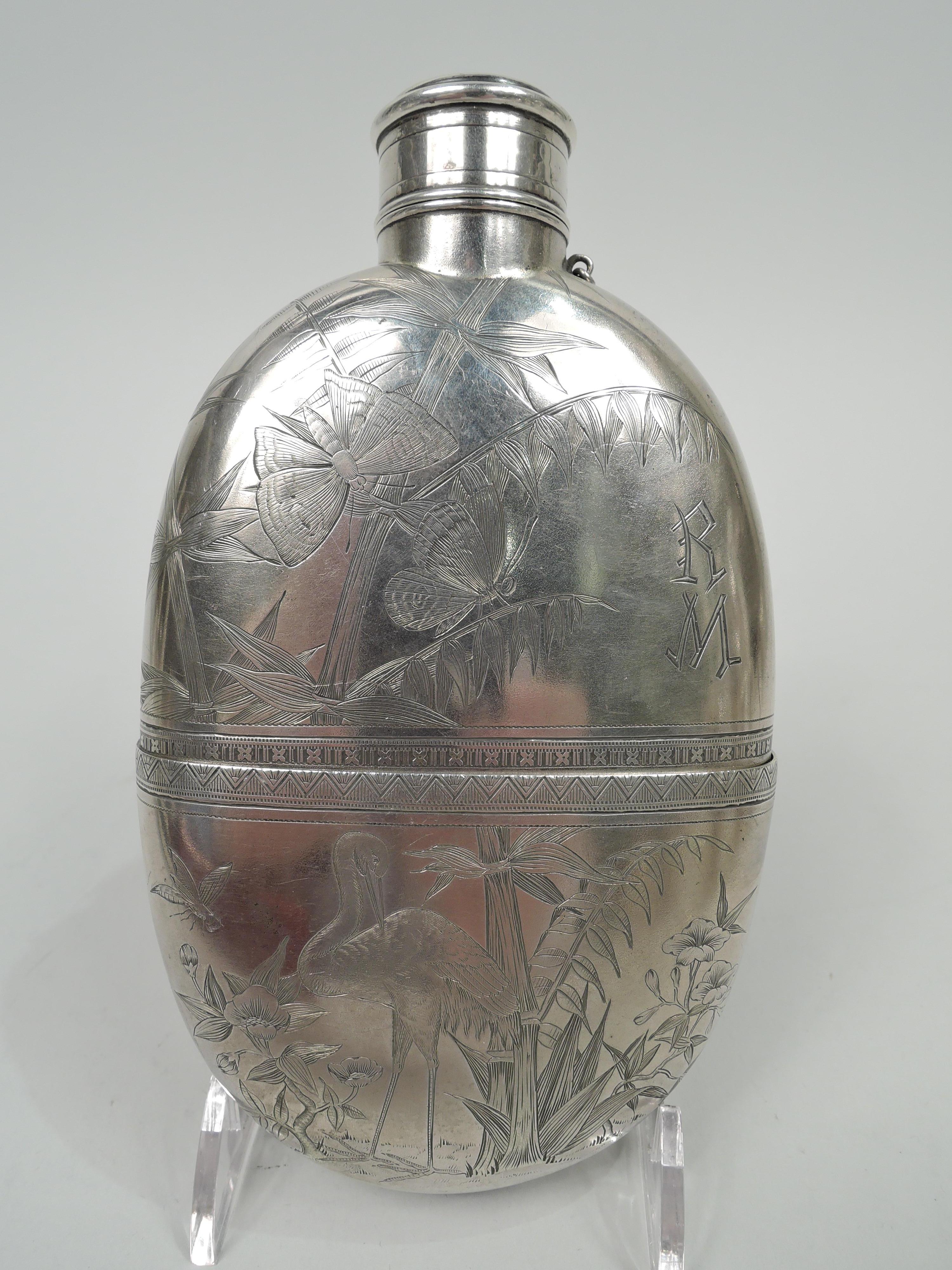 Japonisme Gorgeous Gorham Japonesque Sterling Silver Flask with Cranes & Bamboo For Sale