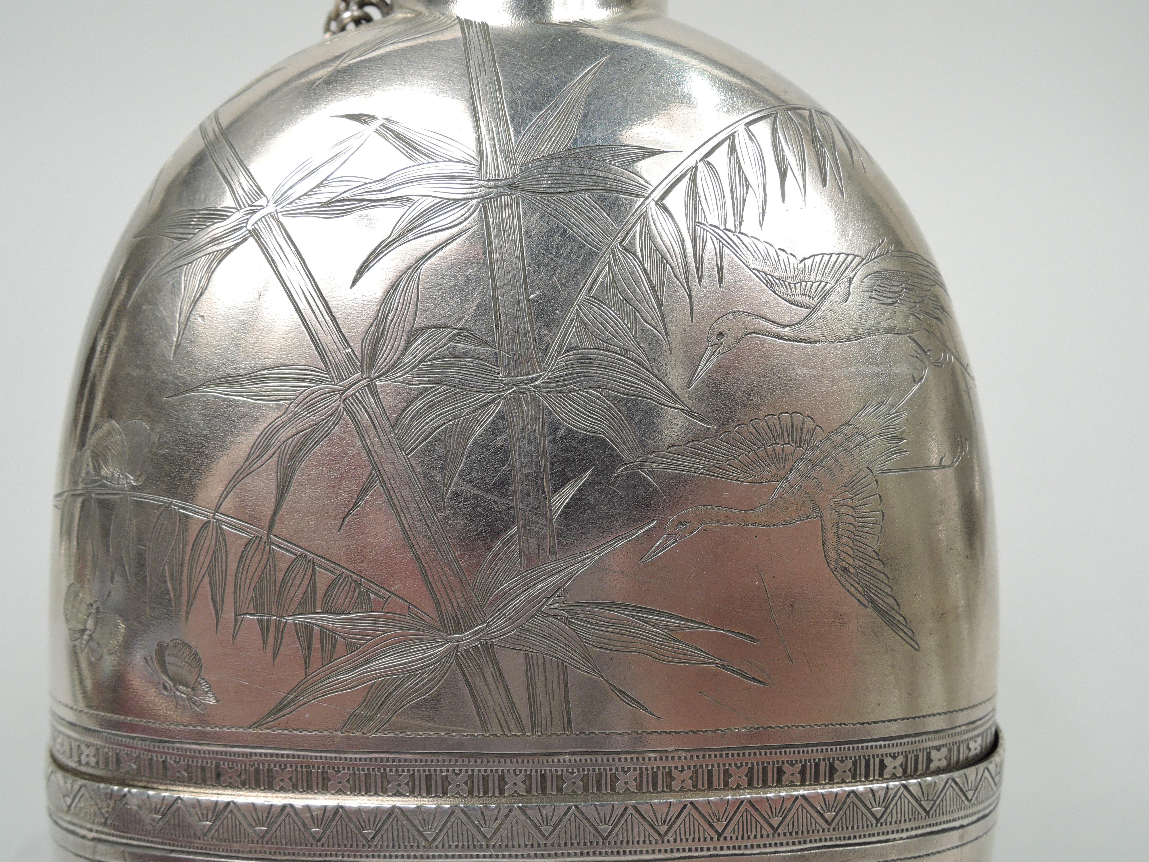 Gorgeous Gorham Japonesque Sterling Silver Flask with Cranes & Bamboo In Excellent Condition For Sale In New York, NY