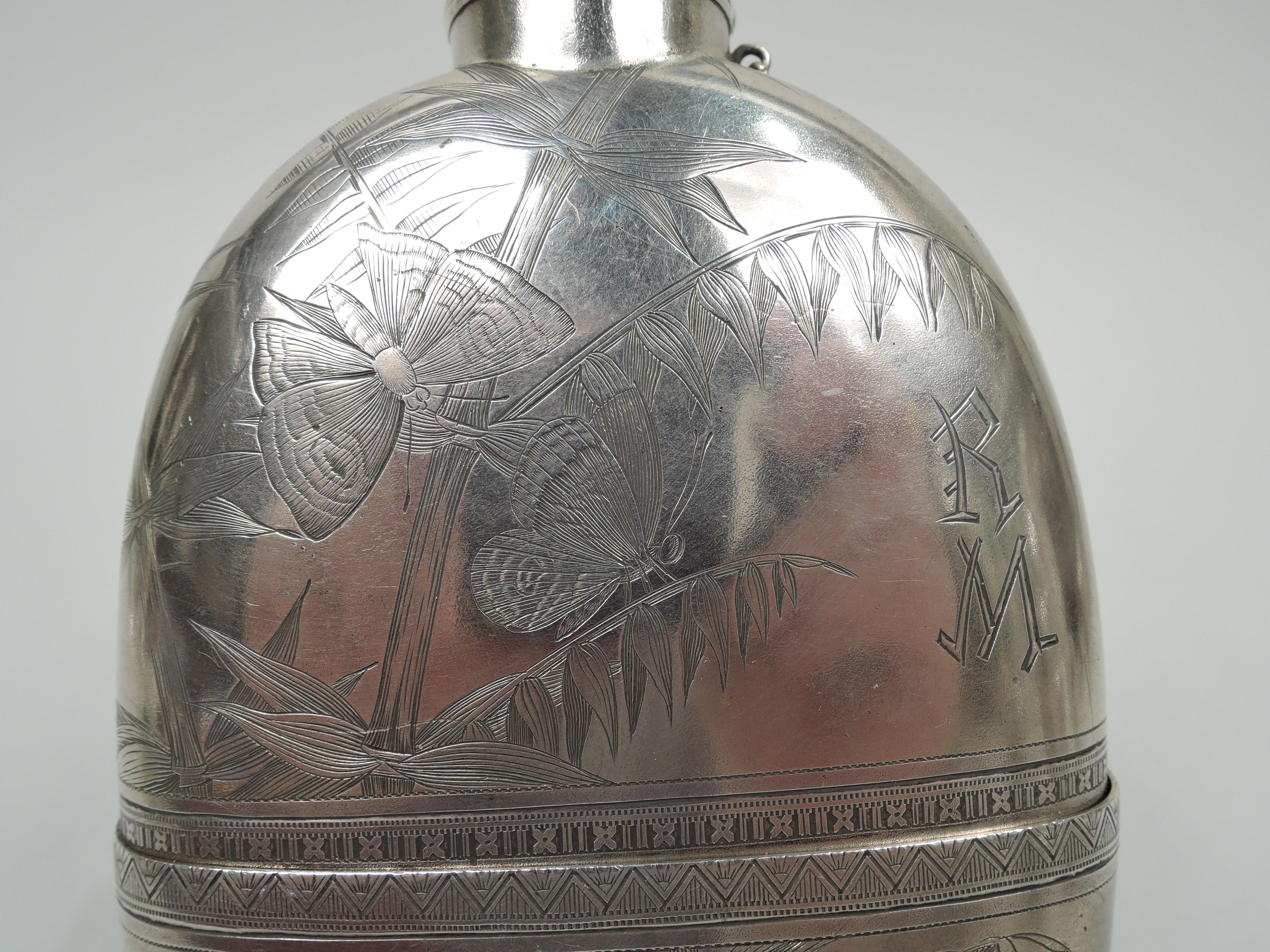 Late 19th Century Gorgeous Gorham Japonesque Sterling Silver Flask with Cranes & Bamboo For Sale