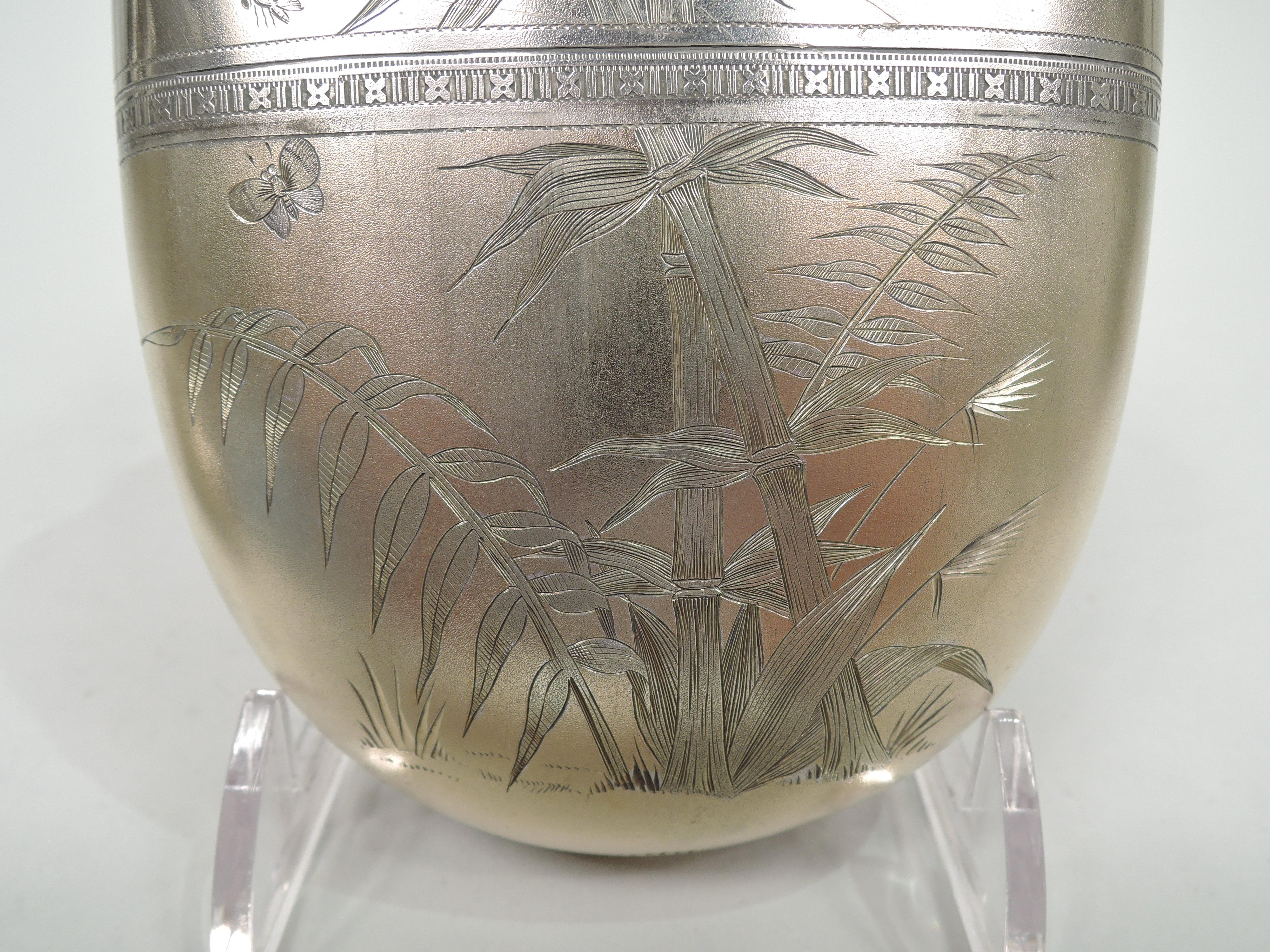 Gorgeous Gorham Japonesque Sterling Silver Flask with Cranes & Bamboo For Sale 2