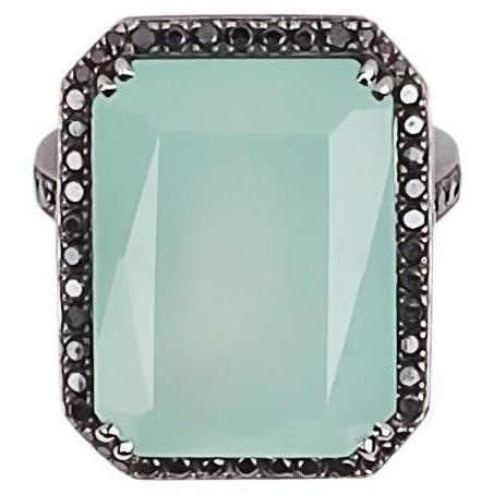 Gorgeous Green Chalcedony and Black Diamond+-1cts 14k Gold Black Rhodium Ring For Sale