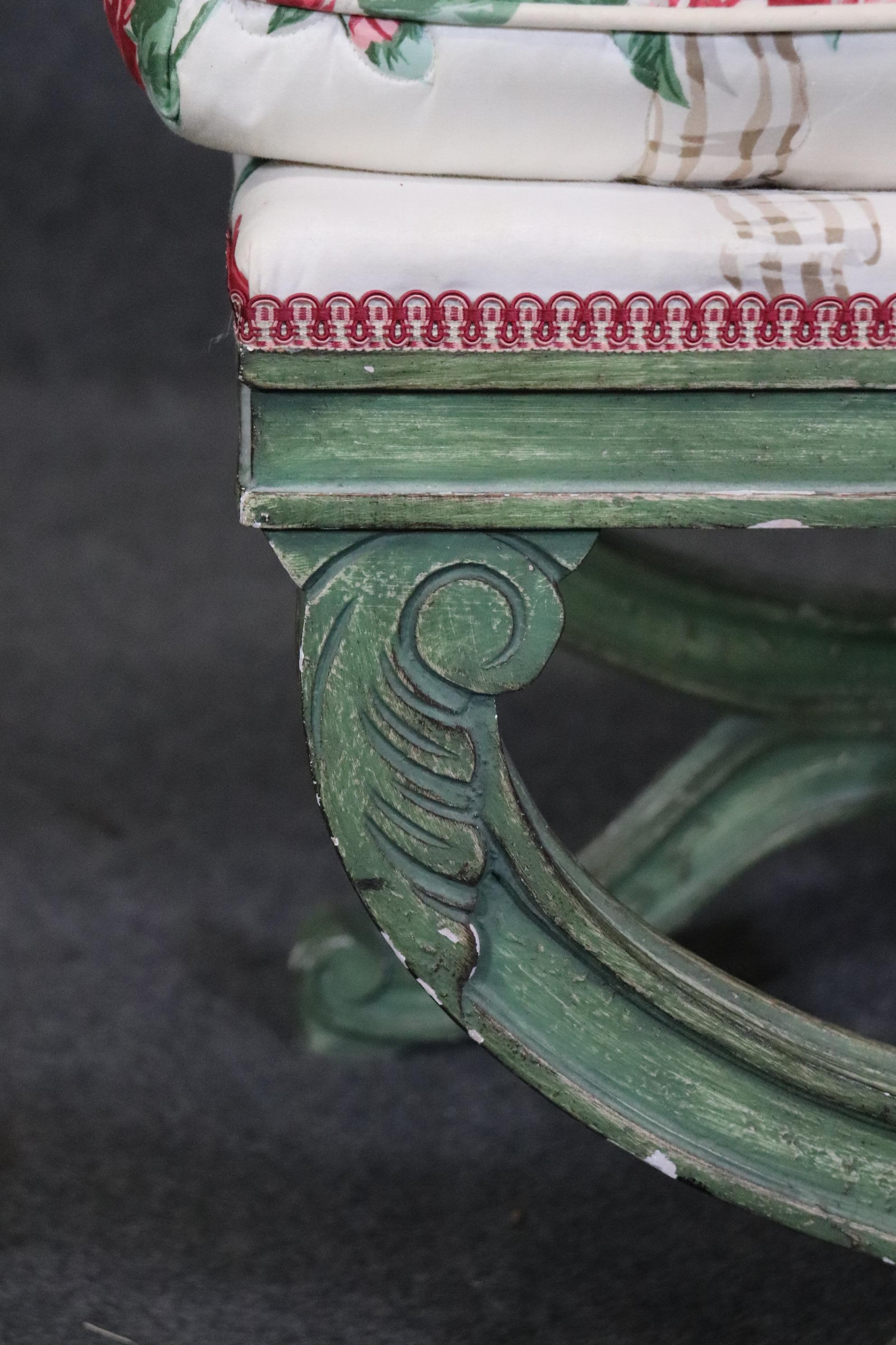 Gorgeous Green Painted decorated Upholstered Cerule Style Regency Bench Stool For Sale 5
