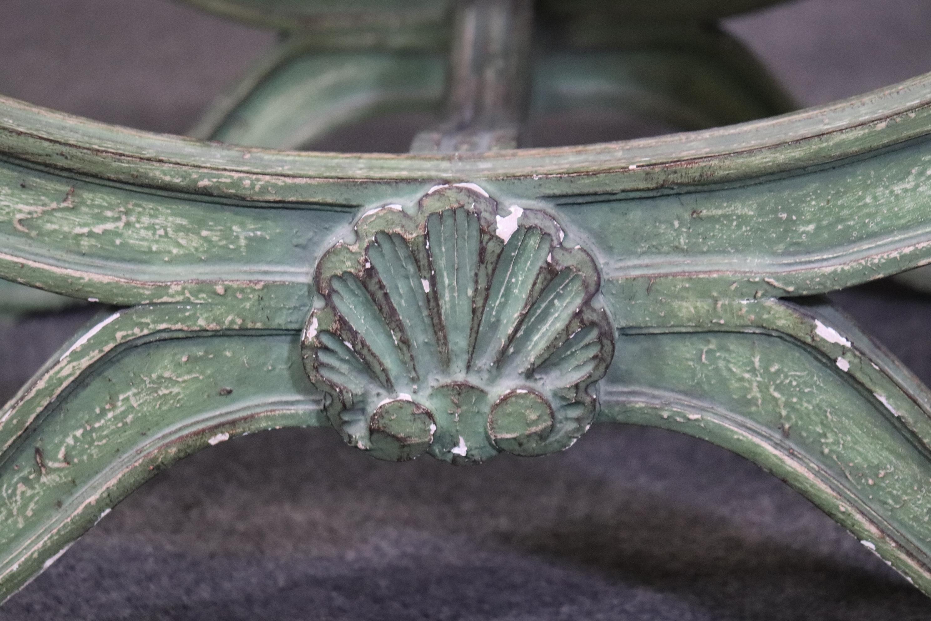 Gorgeous Green Painted decorated Upholstered Cerule Style Regency Bench Stool For Sale 6