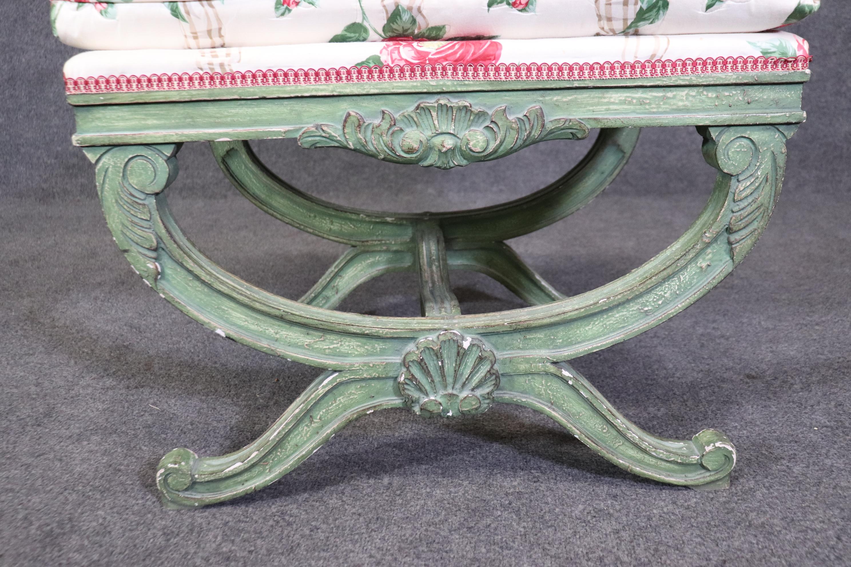 Gorgeous Green Painted decorated Upholstered Cerule Style Regency Bench Stool For Sale 8
