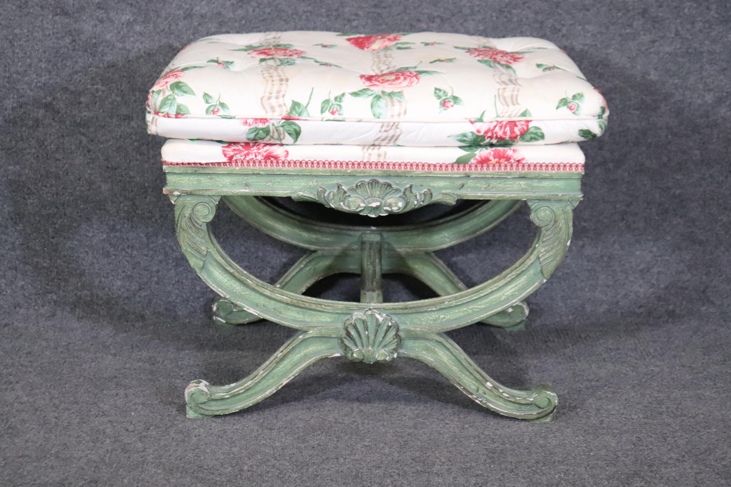 American Gorgeous Green Painted decorated Upholstered Cerule Style Regency Bench Stool For Sale