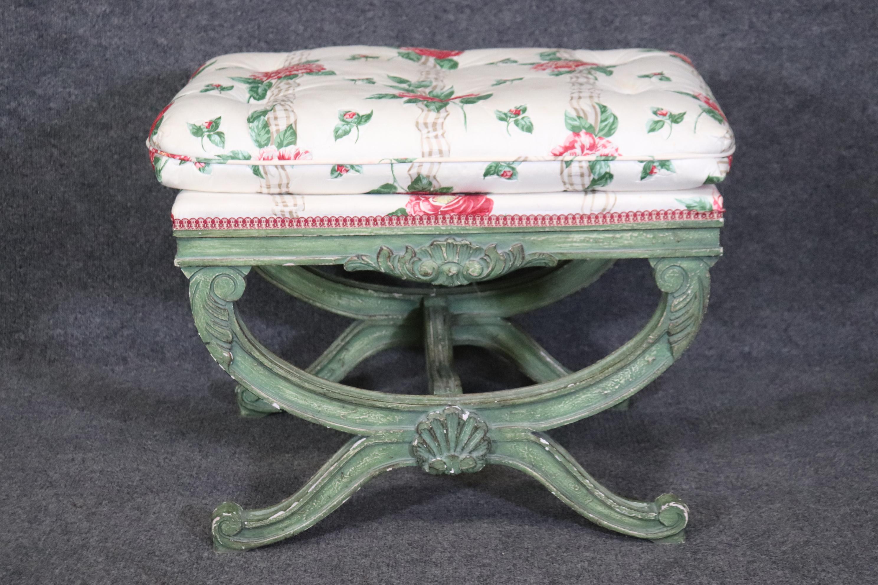 Mid-20th Century Gorgeous Green Painted decorated Upholstered Cerule Style Regency Bench Stool For Sale
