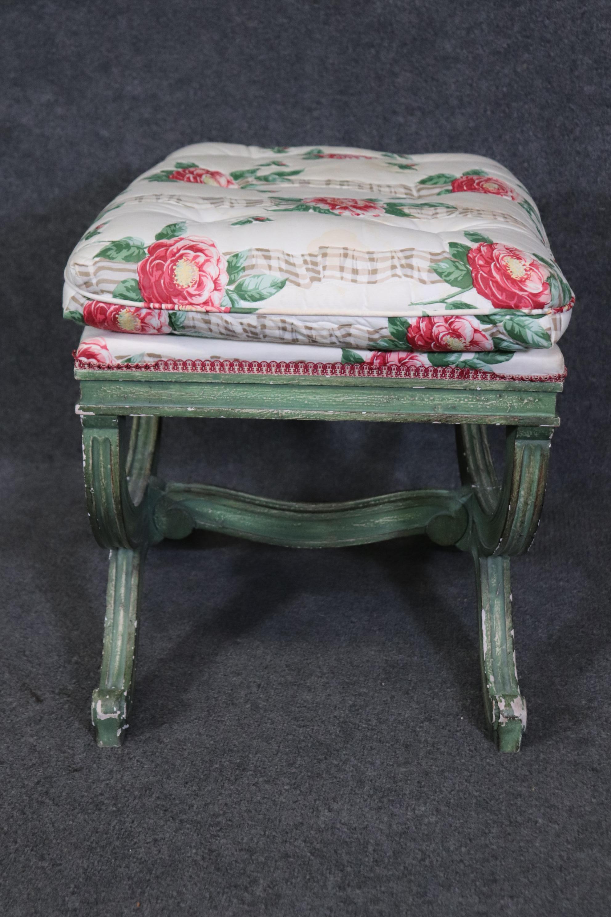 Walnut Gorgeous Green Painted decorated Upholstered Cerule Style Regency Bench Stool For Sale