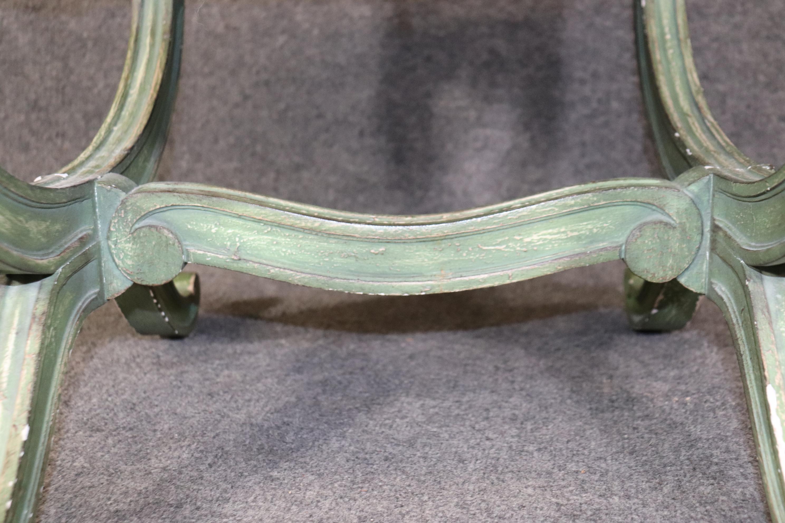 Gorgeous Green Painted decorated Upholstered Cerule Style Regency Bench Stool For Sale 1
