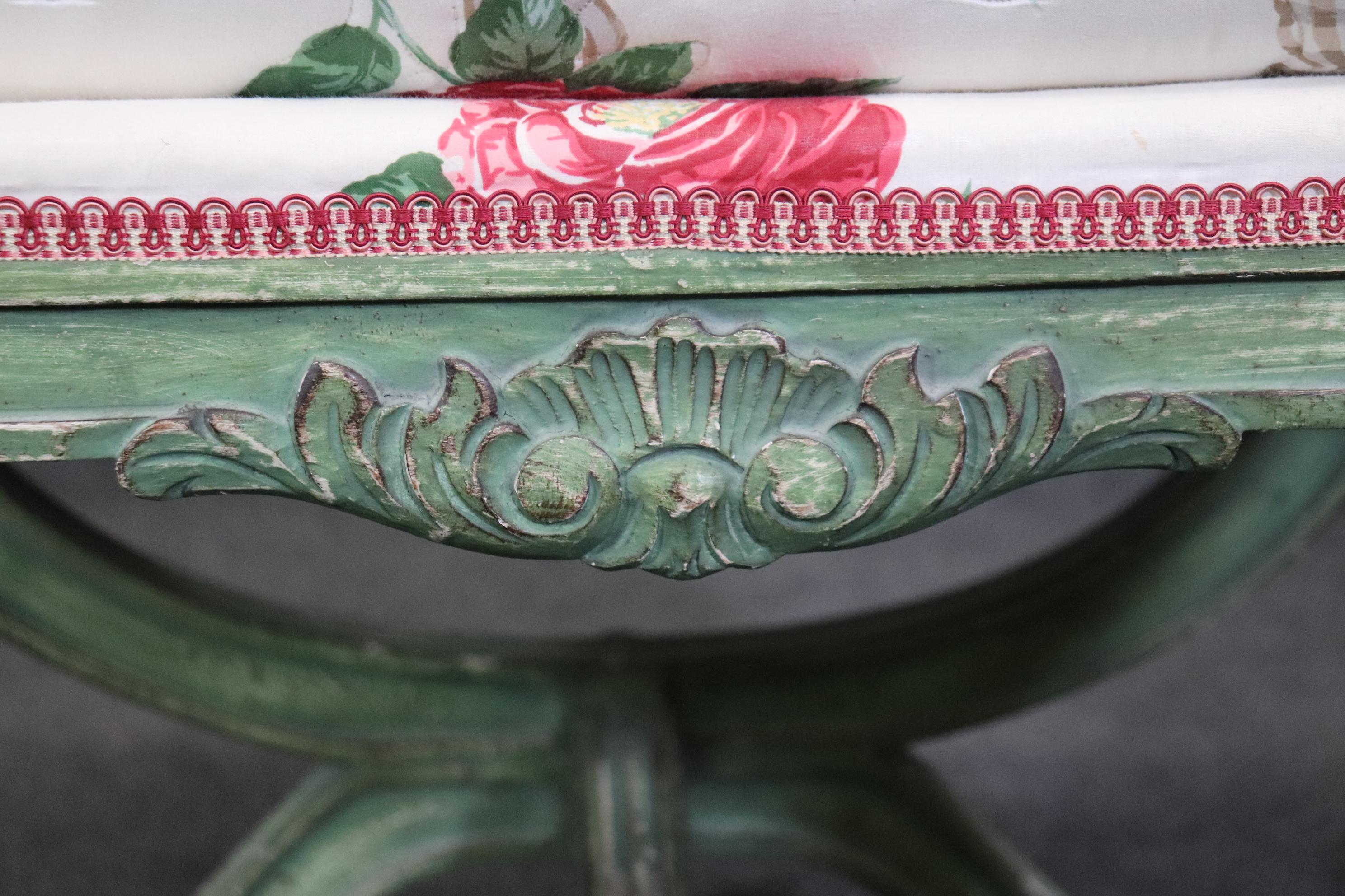 Gorgeous Green Painted decorated Upholstered Cerule Style Regency Bench Stool For Sale 3