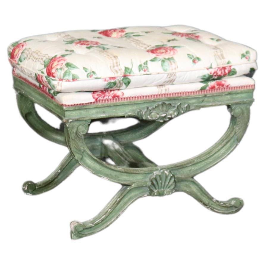 Gorgeous Green Painted decorated Upholstered Cerule Style Regency Bench Stool For Sale