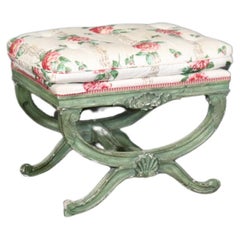 Gorgeous Green Painted decorated Upholstered Cerule Style Regency Bench Stool