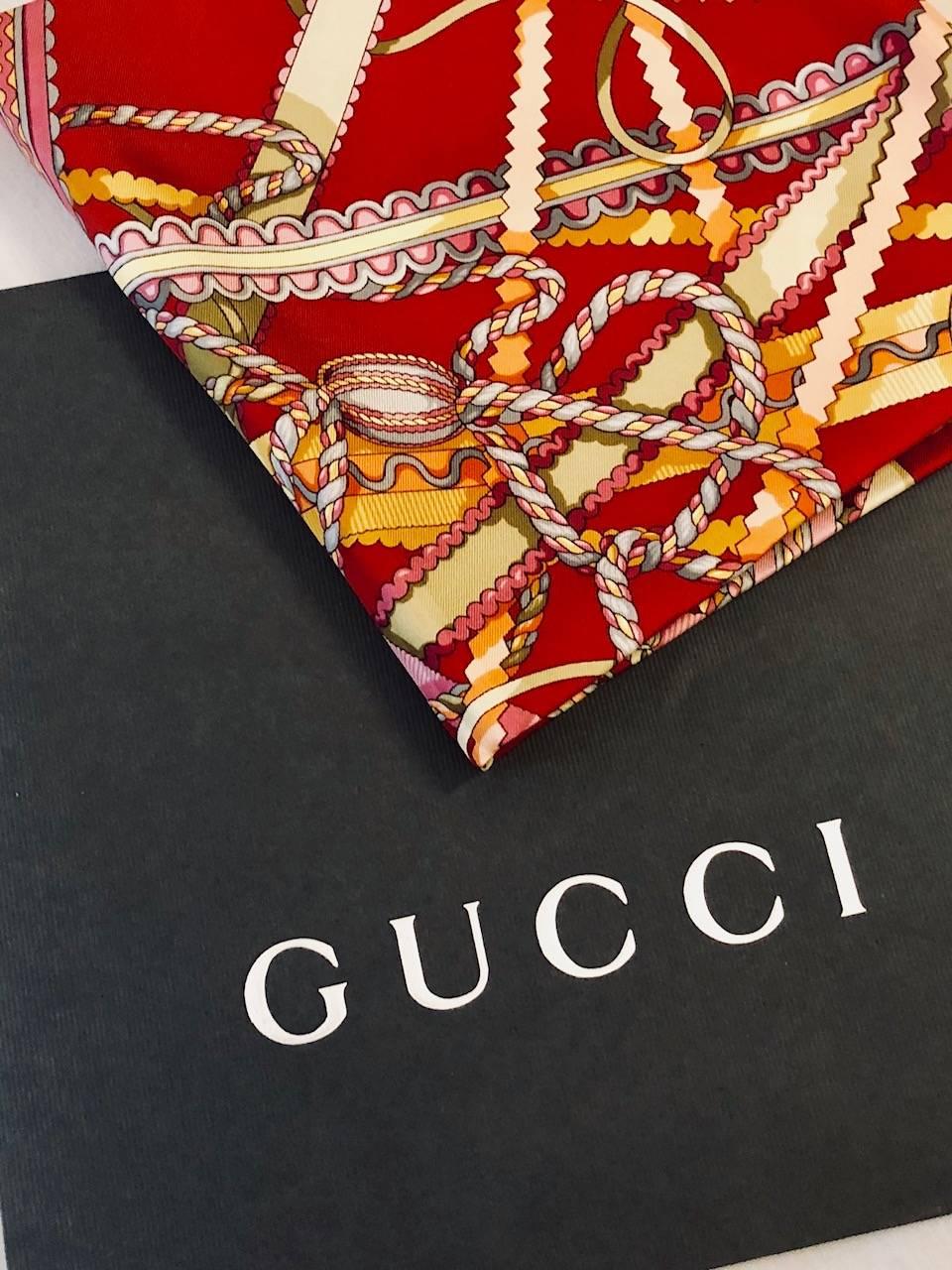 Gorgeous Gucci Garnet Silk Twill Scarf With Ribbon Tassel and Rope Print  1