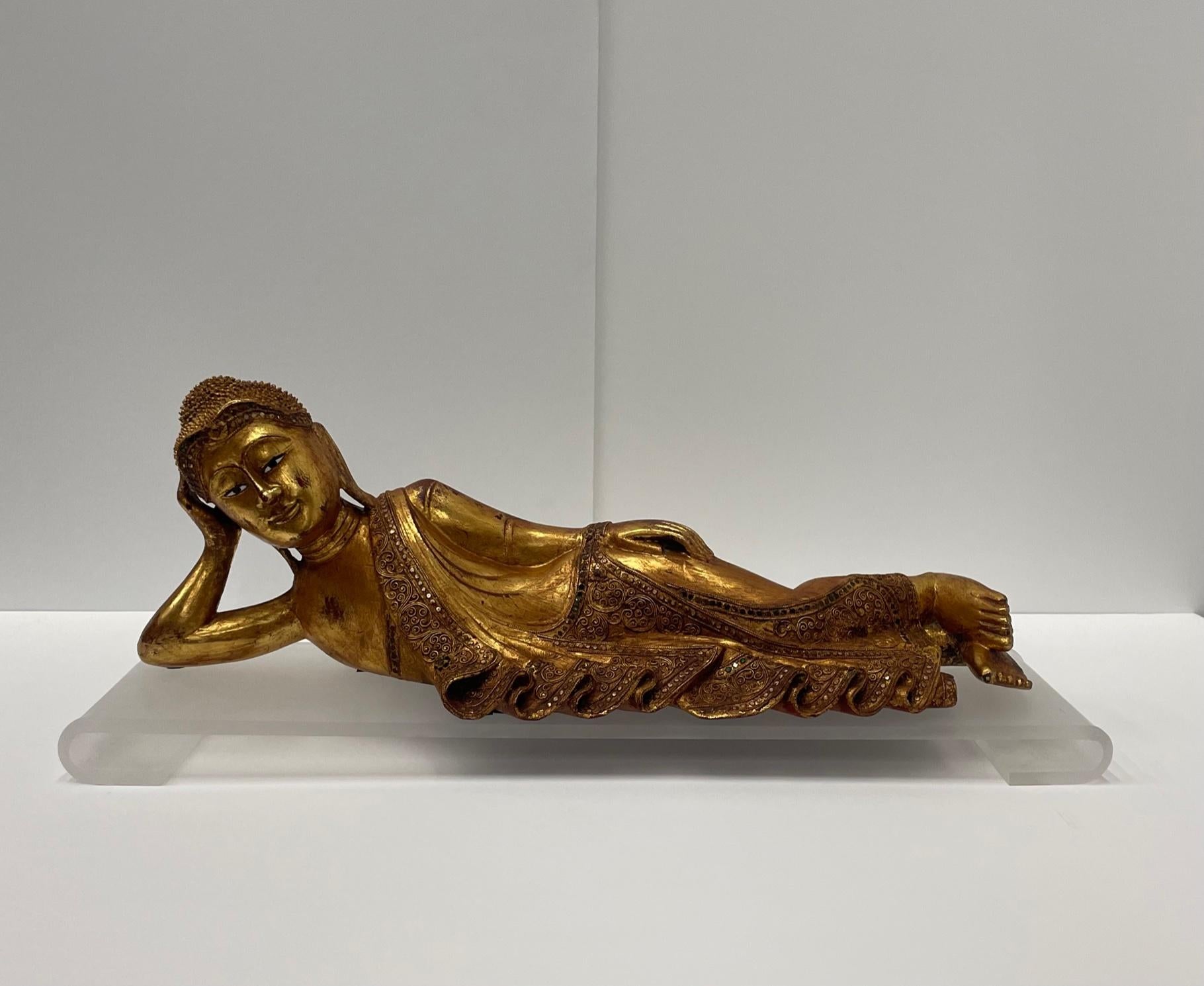 Gorgeous Hand Carved Giltwood Reclining Buddha on Custom Lucite Base For Sale 5