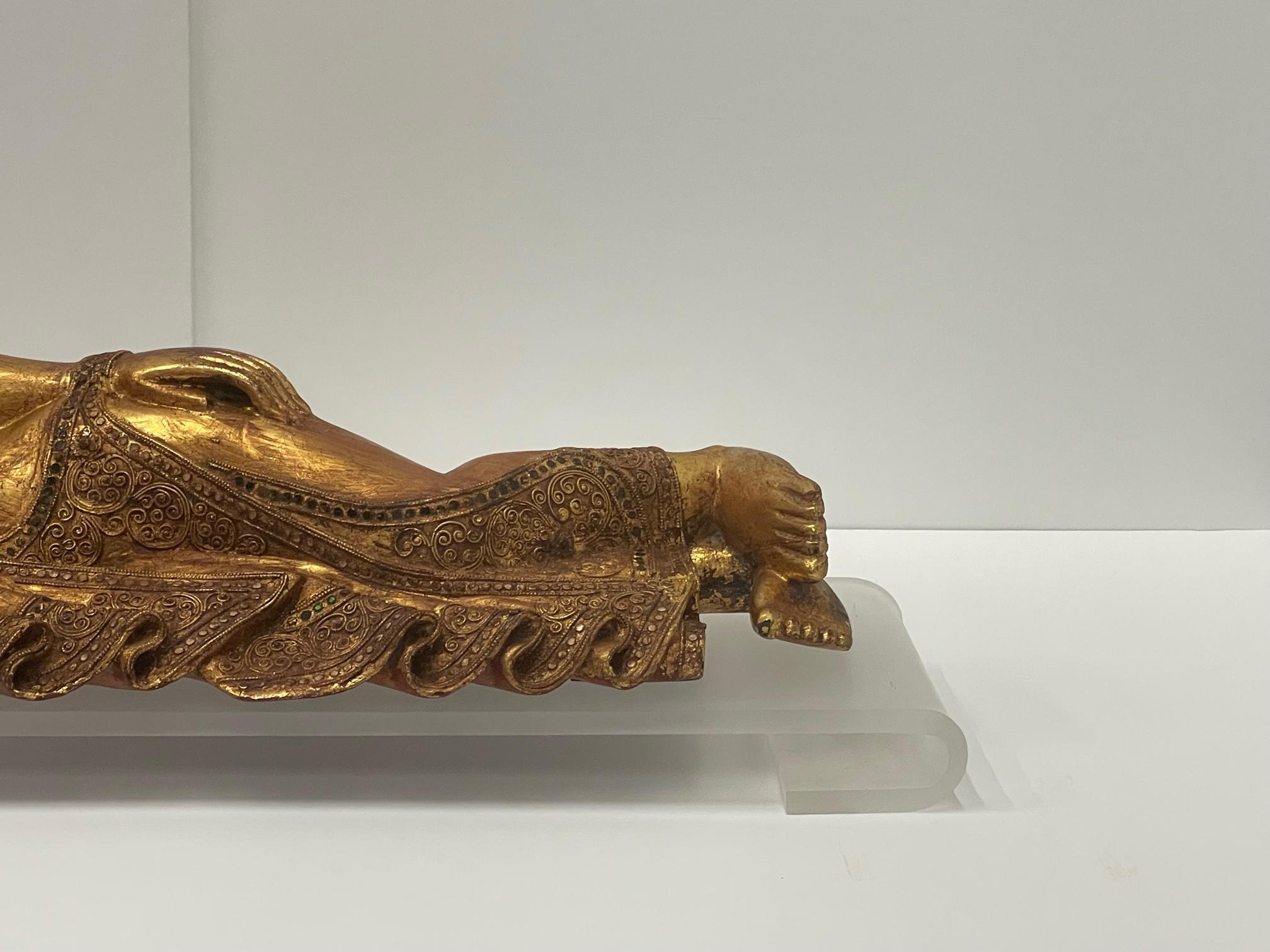 Gorgeous Hand Carved Giltwood Reclining Buddha on Custom Lucite Base In Good Condition For Sale In Hopewell, NJ