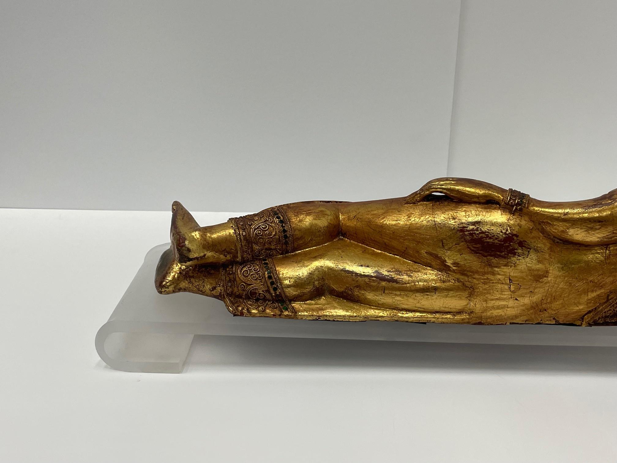 Gorgeous Hand Carved Giltwood Reclining Buddha on Custom Lucite Base For Sale 1