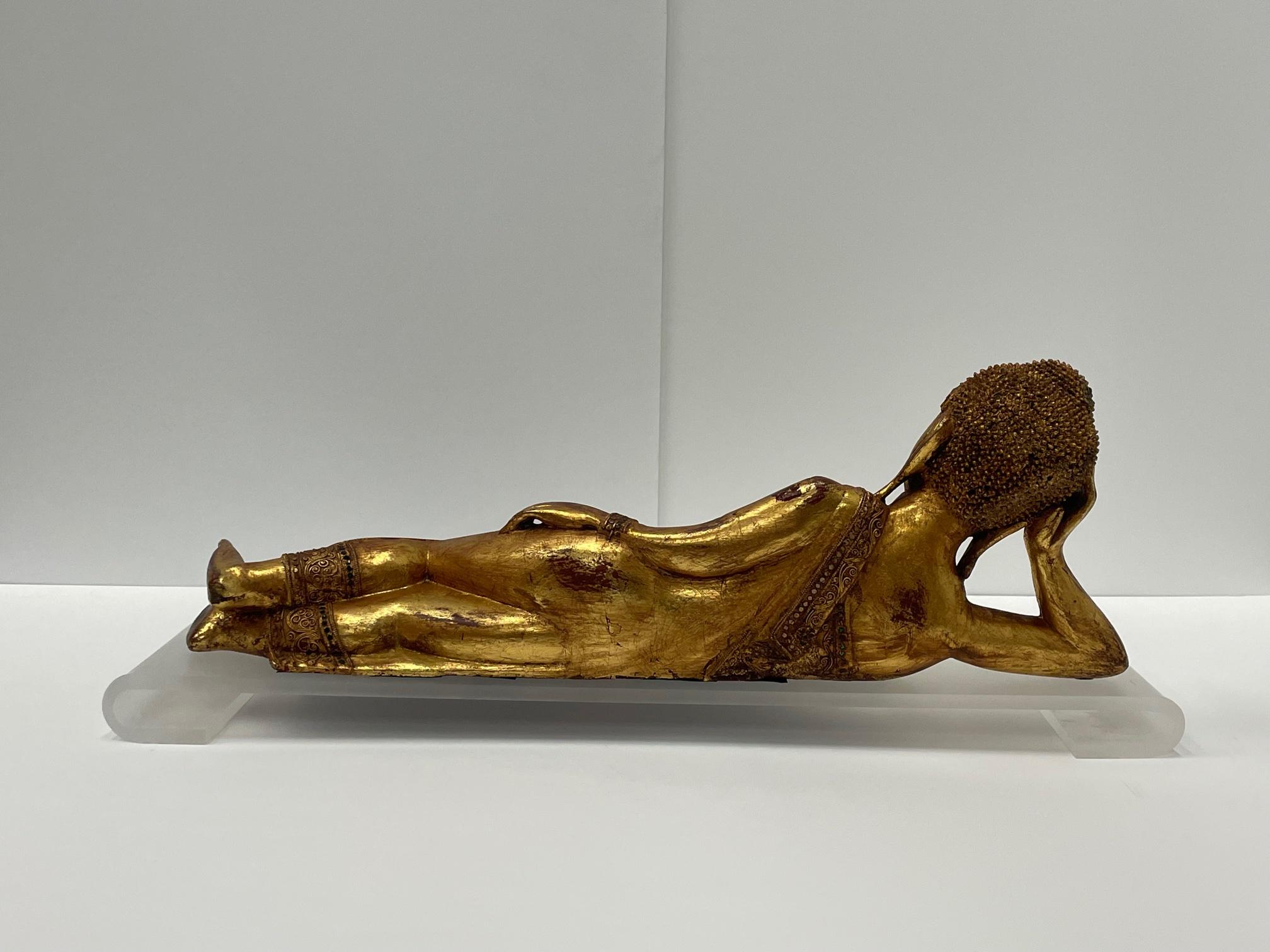 Gorgeous Hand Carved Giltwood Reclining Buddha on Custom Lucite Base For Sale 3