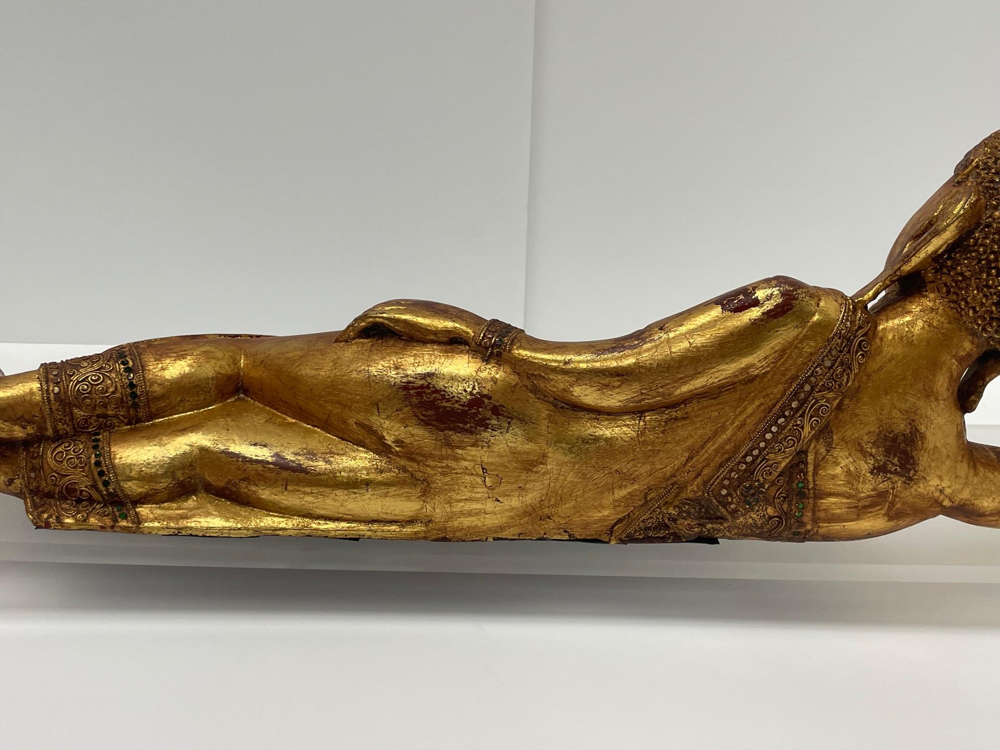 Gorgeous Hand Carved Giltwood Reclining Buddha on Custom Lucite Base For Sale 4
