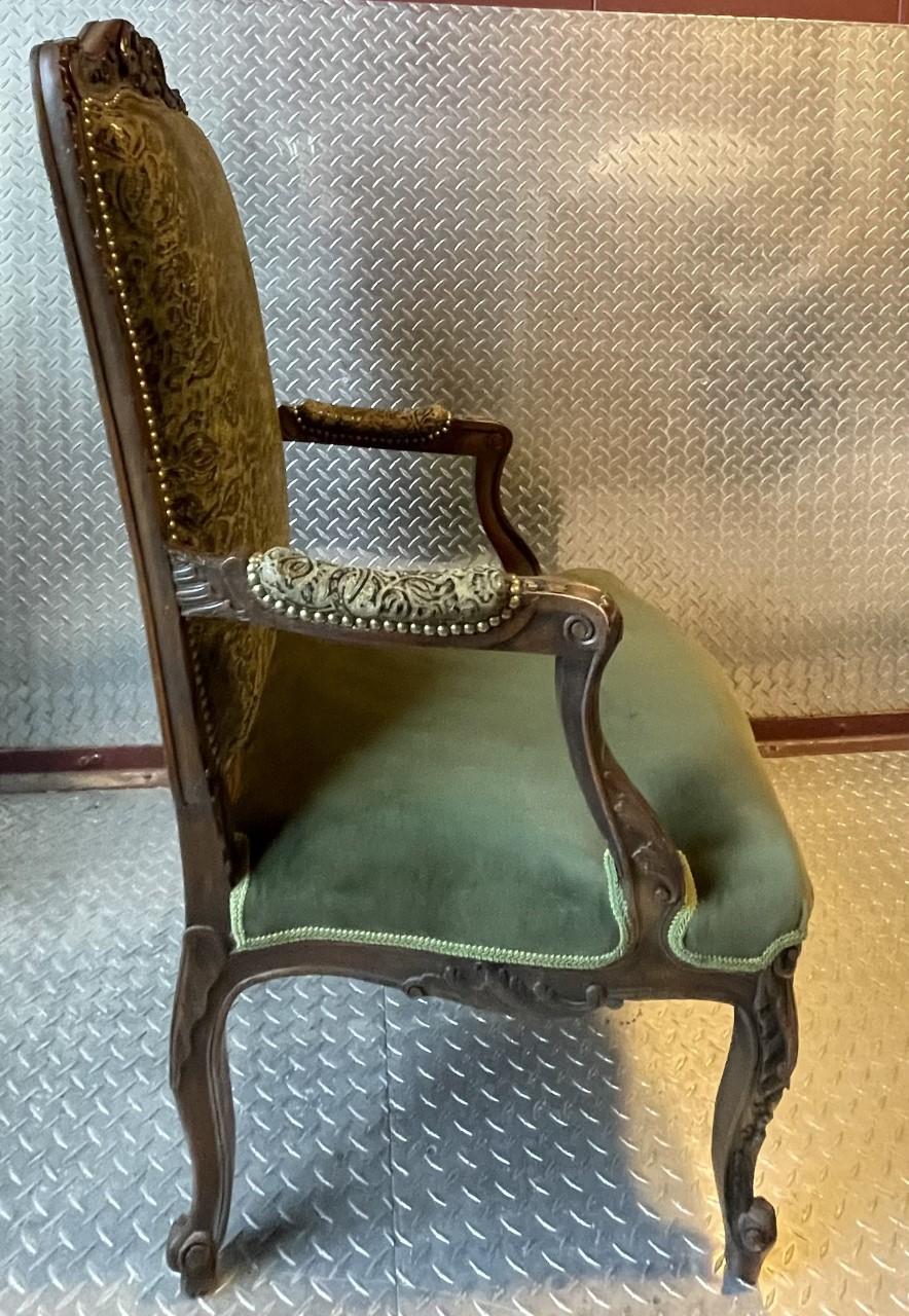 English Fully restored and refurbished Luis XV arm chair in custom leather  For Sale