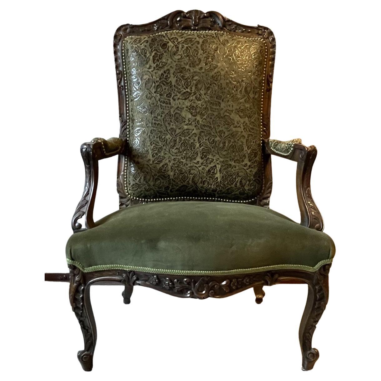 Fully restored and refurbished Luis XV arm chair in custom leather 