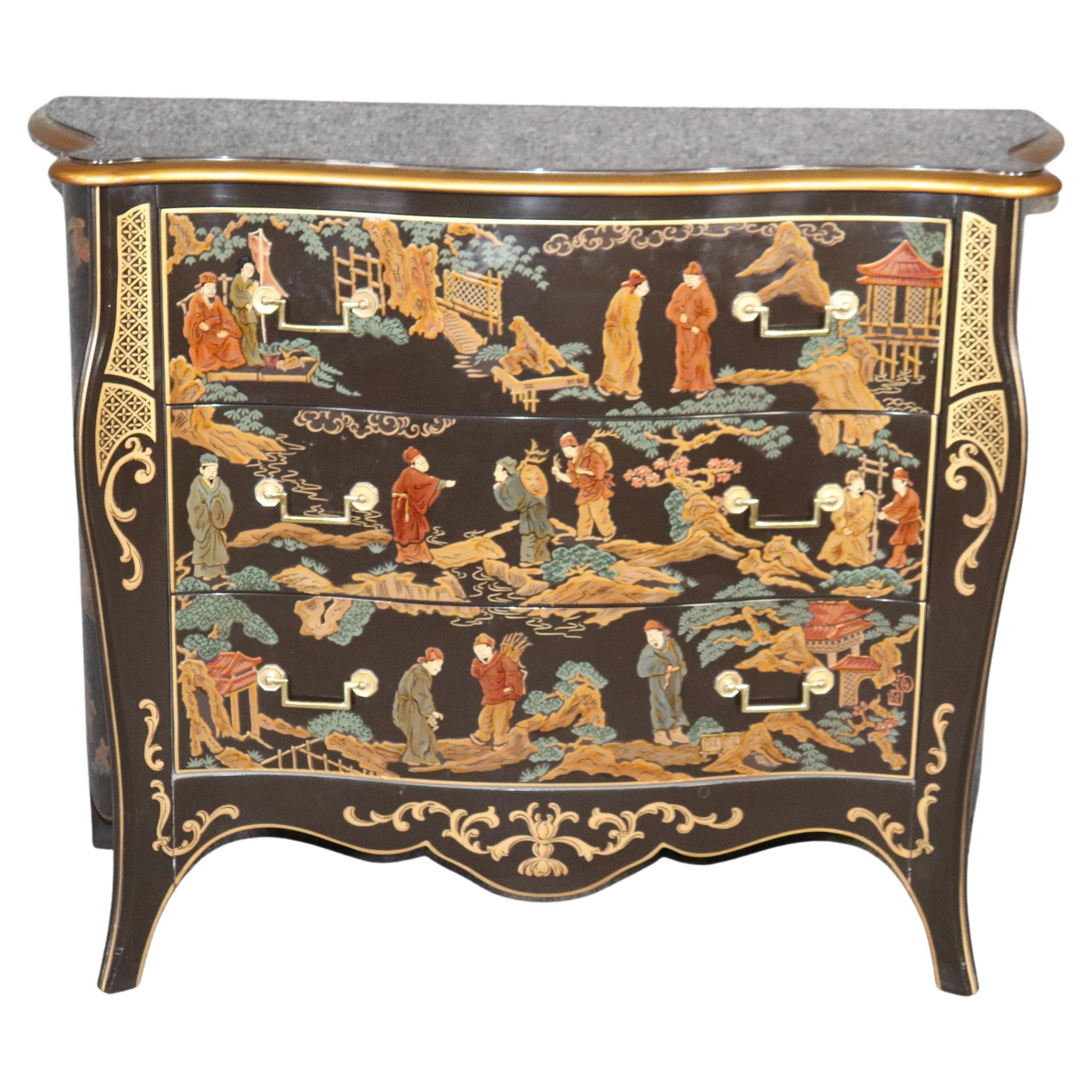 Gorgeous Hand-Paint Decorated Chinoiserie Lacquered Commode by Drexel circa 1990