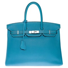 Splendida borsa Hermès Birkin 35 in pelle di vitello blu Jean Togo, PHW