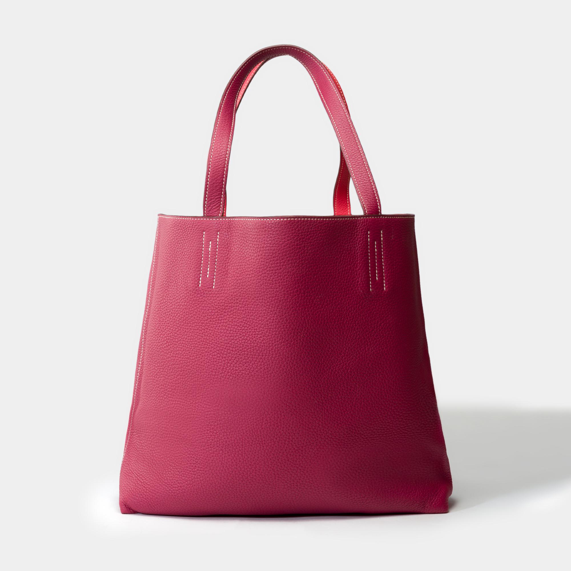 Gorgeous Hermès Double Sens Tote bag in Red and Pink Taurillon Clemence leather In Excellent Condition For Sale In Paris, IDF