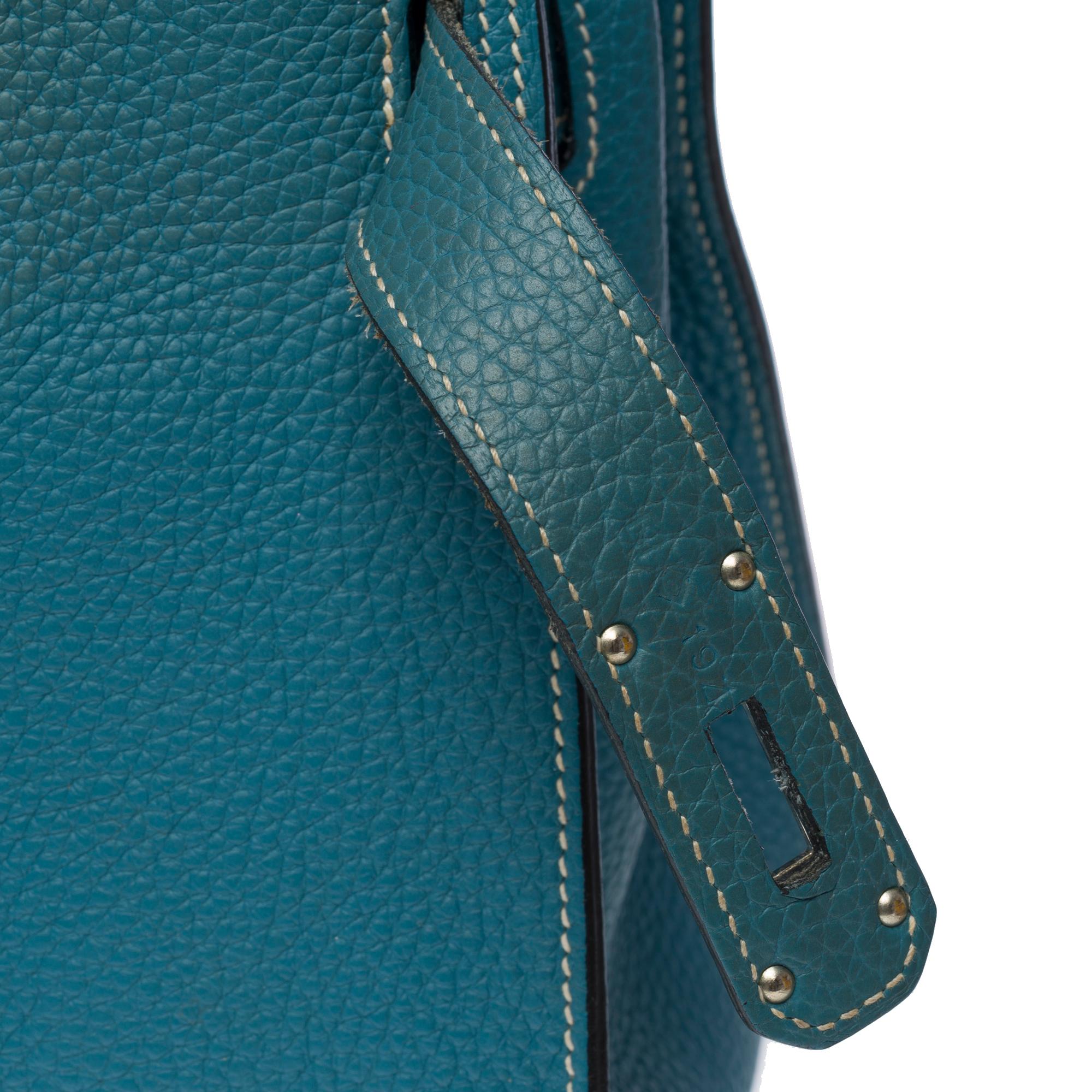 Magnifique sac transversal Hermès Jypsière 32 en cuir bleu Jean Taurillon, PHW 2