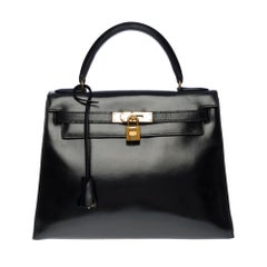 Gorgeous Hermes Kelly 28 sellier handbag strap in black box calf leather, GHW