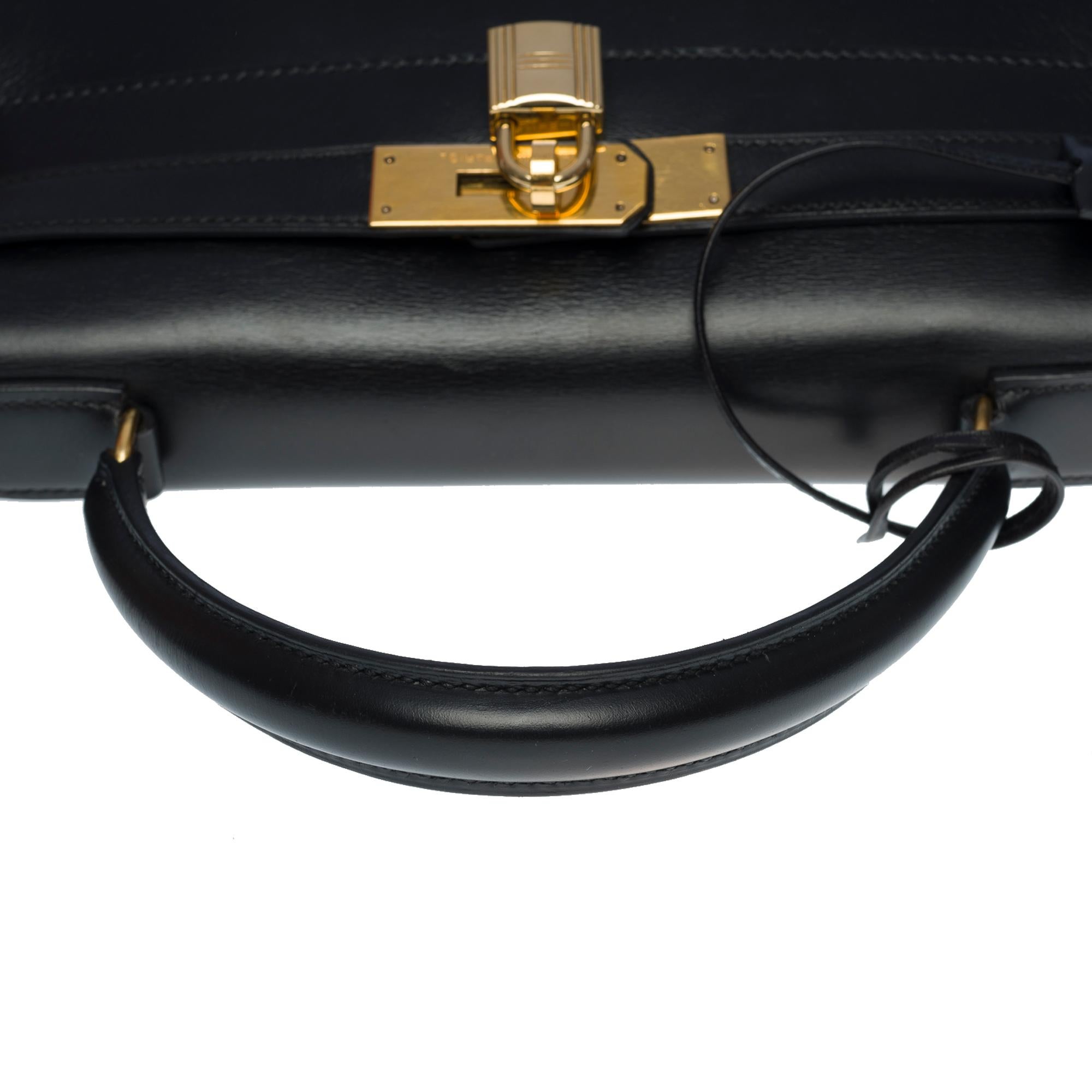 Gorgeous Hermes Kelly 28 sellier handbag strap in black box calf leather, GHW 1