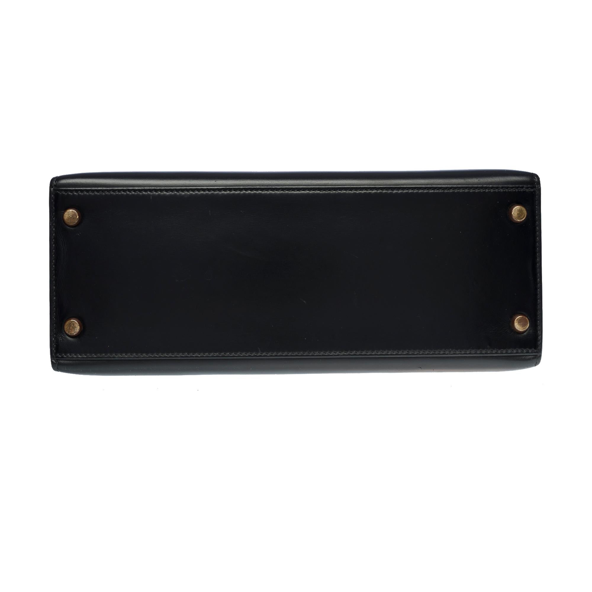 Gorgeous Hermes Kelly 28 sellier handbag strap in black box calf leather, GHW 2